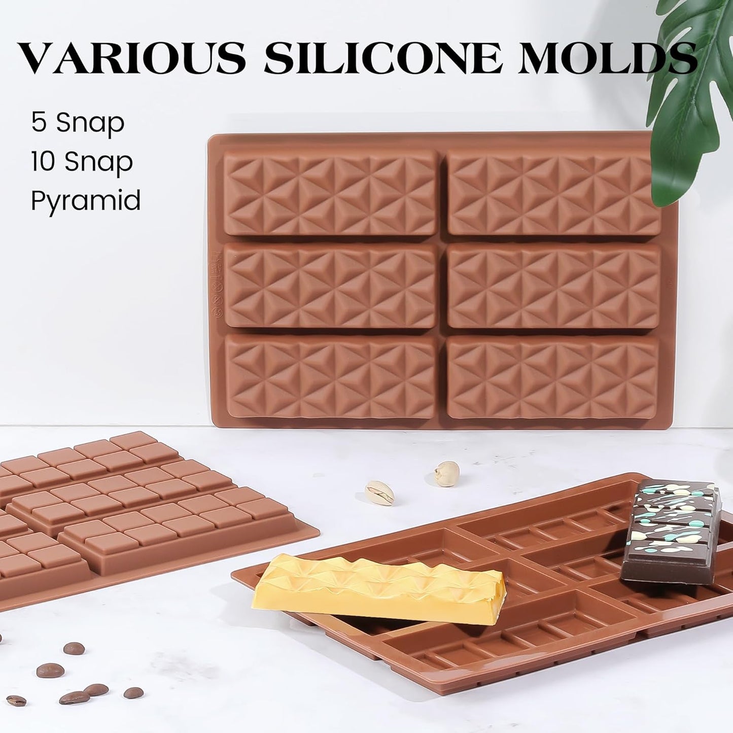 2 Pcs Chocolate Bar Mold Deep Dubai Stuffed Silicone Molds for Filling Knafeh Pistachio Chocolate Bar and Wax Melts Rectangle Thick Candy Bar Molds Break Apart (10 Snap)