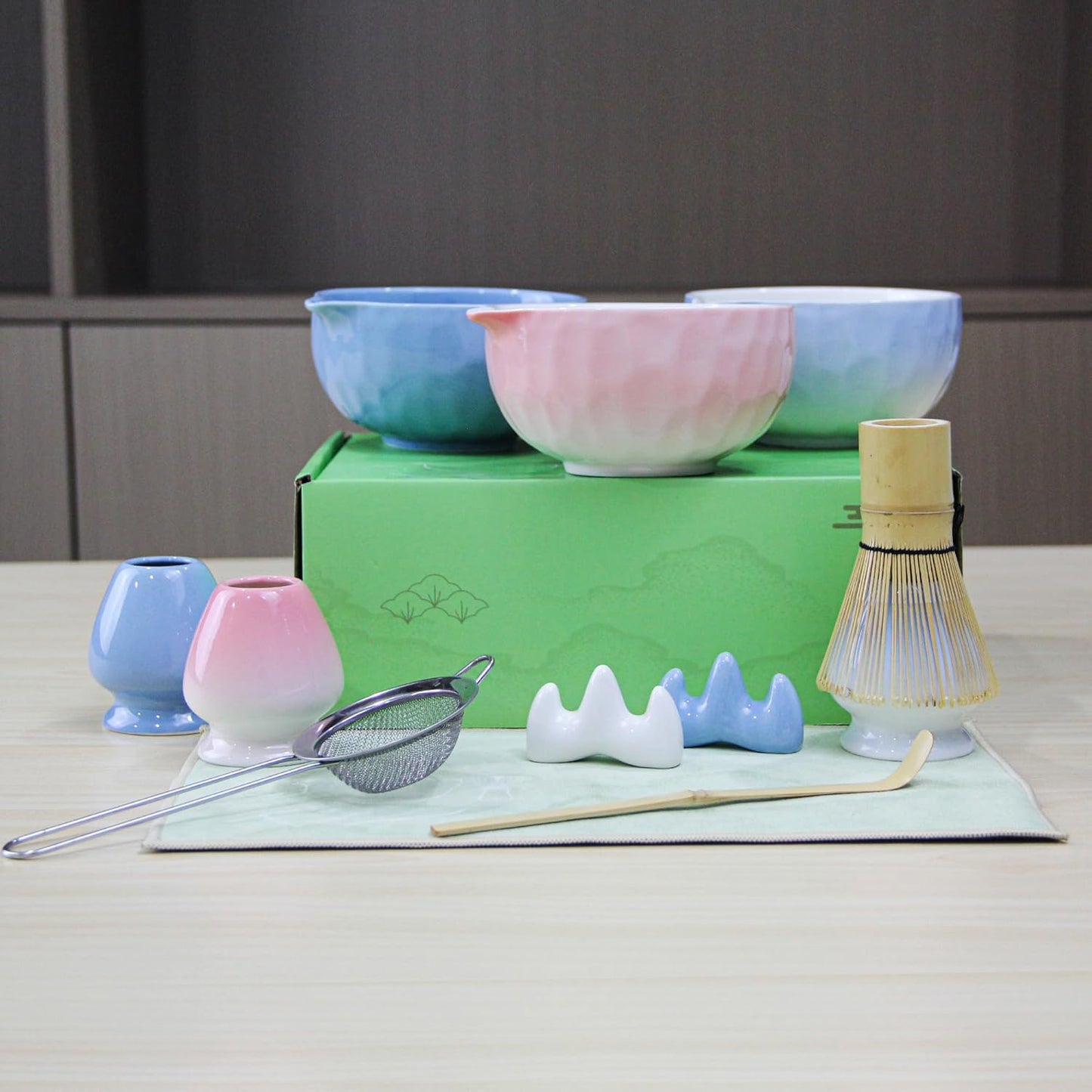 7-Pcs Matcha Whisk Set - Ceramic Matcha Set Includes Bowl,Whisk,Holder,Bamboo Scoop,Scoop Rest,Sifter & Tea Towel – Japanese Traditional Tea Kit for Beginners & Tea Lovers (Gradient Blue)