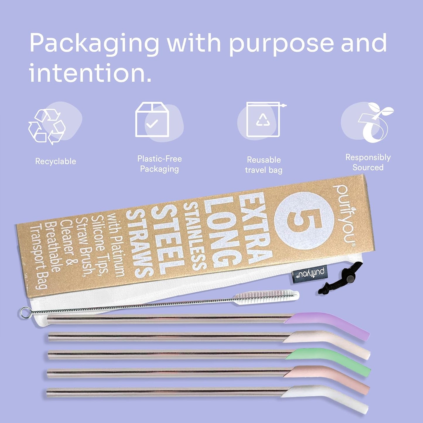 purifyou 14.5" Stainless Steel Straws with Pastel Colored Silicone Tips, Extra Long & Wide Reusable Metal Straws for Tumblers, Smoothies (Set of 5 with Brush)