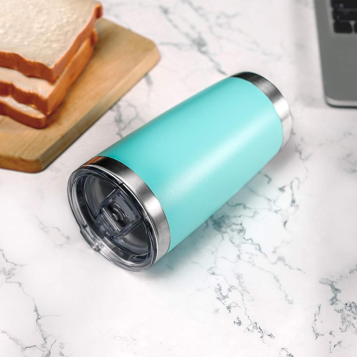 COMOOO 20oz Double Wall Vacuum Insulated Travel Mug Bulk Stainless Steel Tumbler with Lid and Straw Durable Powder Coated Insulated Coffee Cup for Cold & Hot Drinks (Light Blue, 12 pack