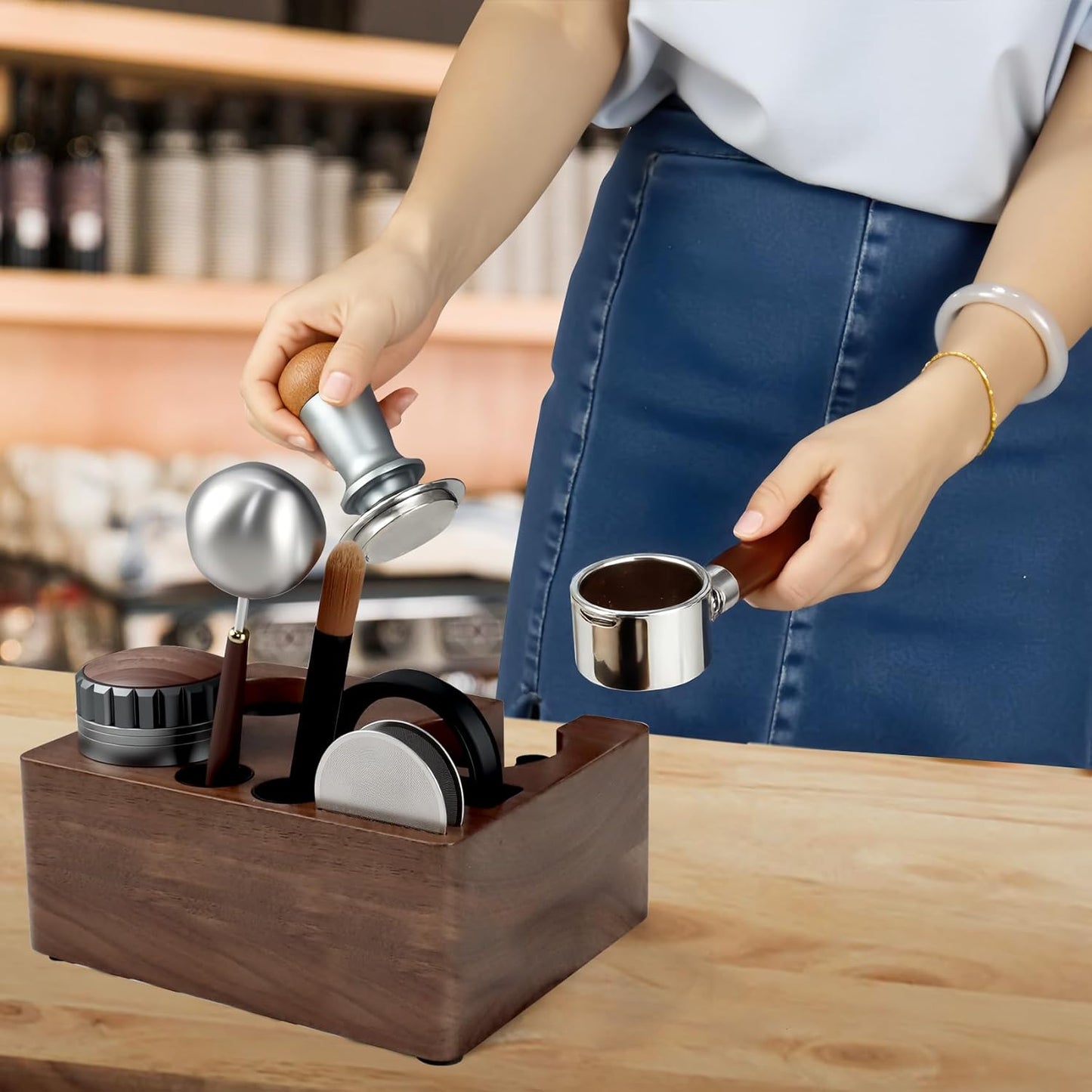 54mm Espresso Tamping Station Walnut Coffee Tamper Station Portafilter Holder,Tamper, and Distributor, Non-Slip Station for Home, Office, Restaurant