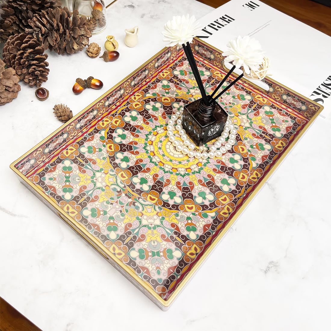 2pcs Boho Red Decorative Serving Tray, Modern Plastic Tray with Handles for Coffee Table, Living Room, Ottoman, Home Decor, Large, 15.7"*11.8"*1.6", Small 13.7"*9.8",