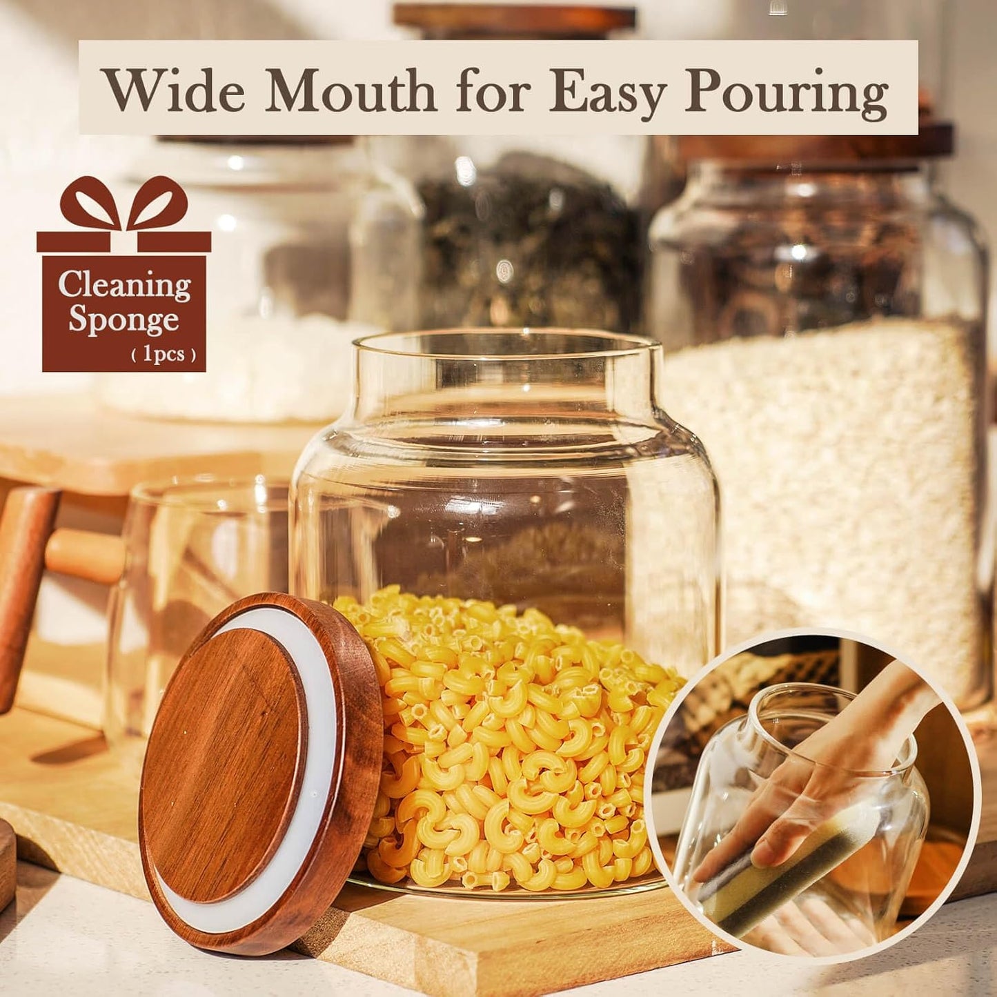 Labina Glass Storage Container Airtight Food Jars Kitchen Canister with Wood Lids, 60 Oz Wide Mouth Pantry Organization Glass Jar for Flour, Sugar, Cookie, Spagetti, Nuts and Candy (2 Pack)