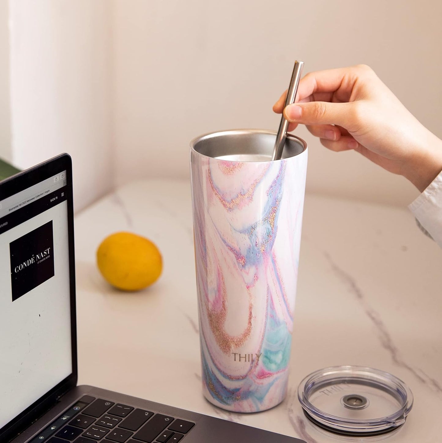 THILY Stainless Steel Vacuum Insulated Tumbler 26 oz Triple-Insulated Travel Mug with Splash-Proof Lid, for Iced Coffee and Hot Beverage, Pink Ripple + Lotus Flower