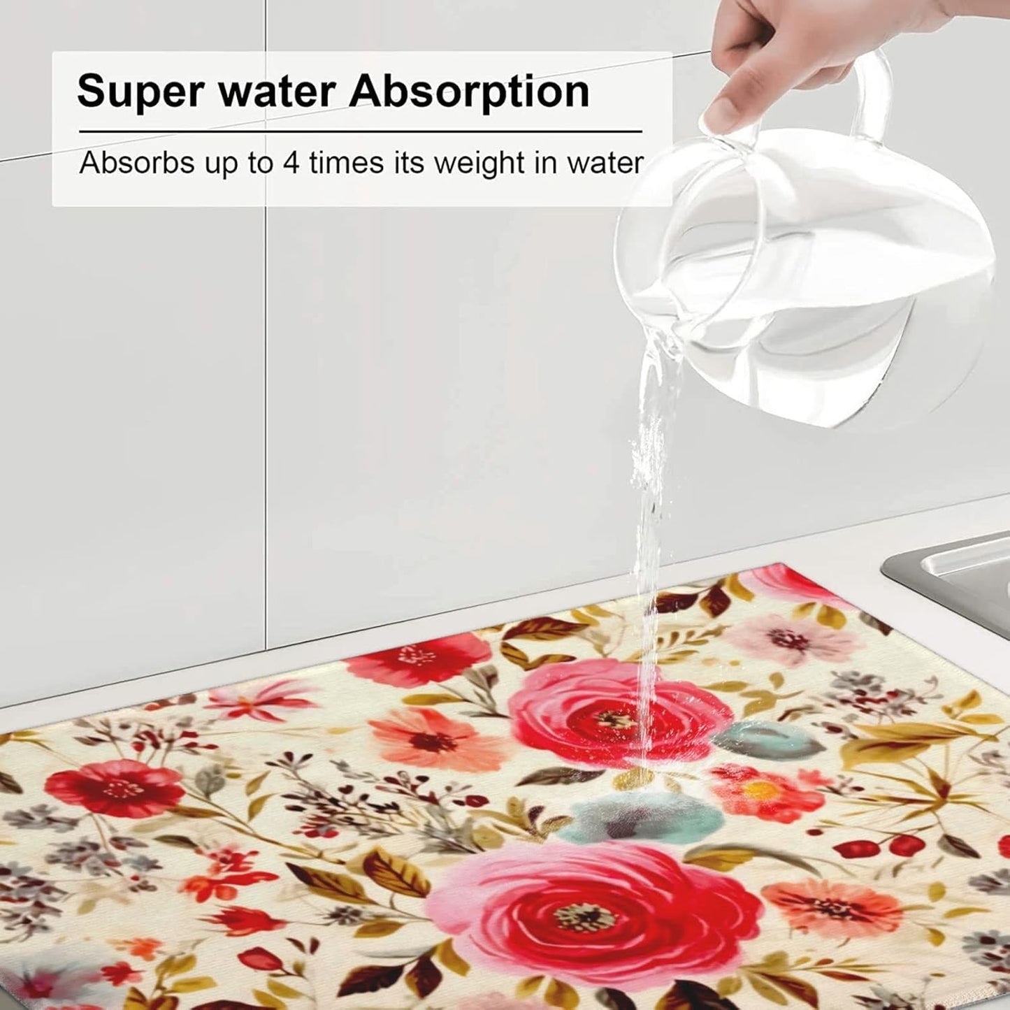 Large Dish Drying Mats For Kitchen Counter Microfiber Kitchen Drying Mat XL Draining Pad Absorbent Quick Drying Dish Mat 18x24 Inch - Floral Boho Flowers