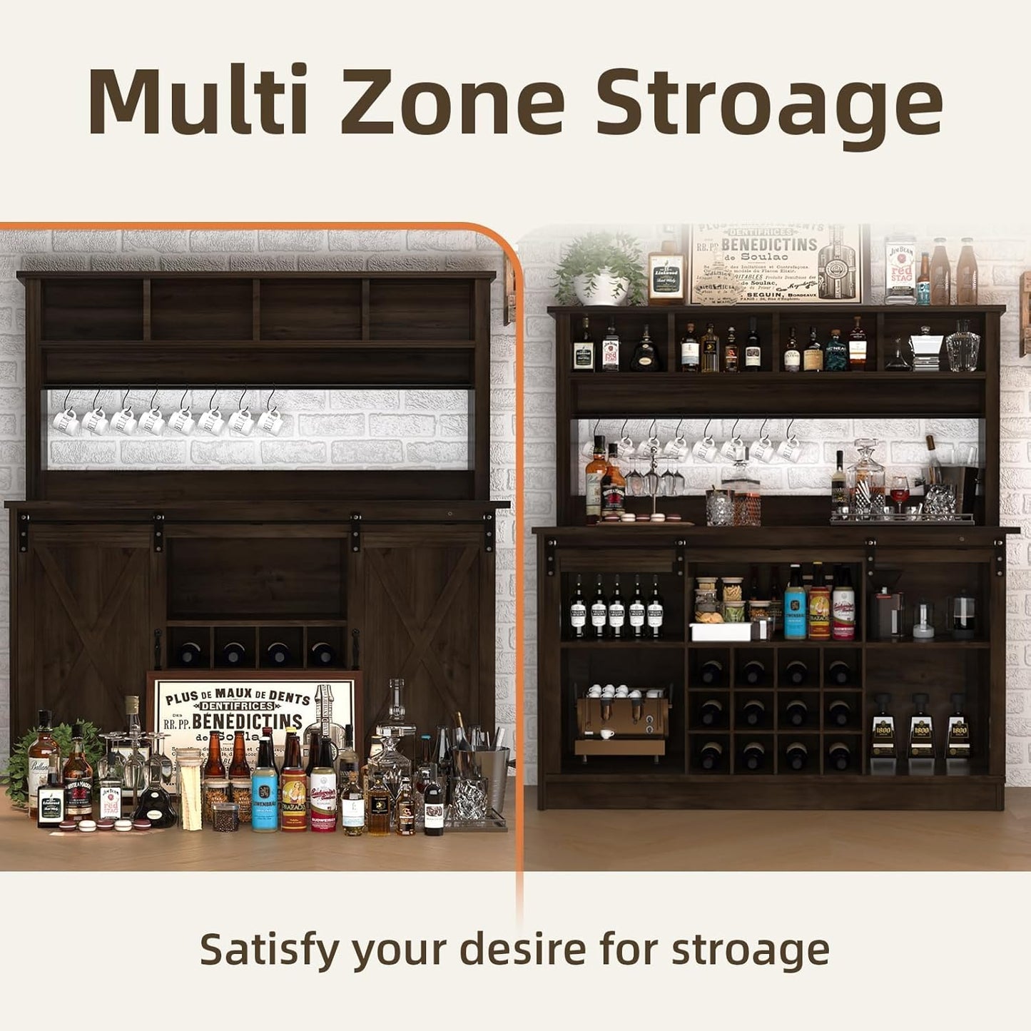 4ever2buy Farmhouse Coffee Bar Cabinet with Storage Hutch, 55“ Wine Bar with 12 Wine Racks and 8 Hooks, Coffee Station with 4 Open Shelves and Sliding Barn Doors for Kitchen, Dining Room, Dark Oak