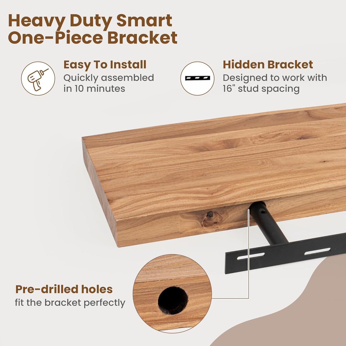 Floating Shelves for Wall Decor, Rustic Solid Elm Wood Live Edge Floating Shelves Wall Mounted, Wall Shelves with Invisible Bracket for Living Room Bathroom Bedroom Kitchen, 40 Inch Set of 1, Natural