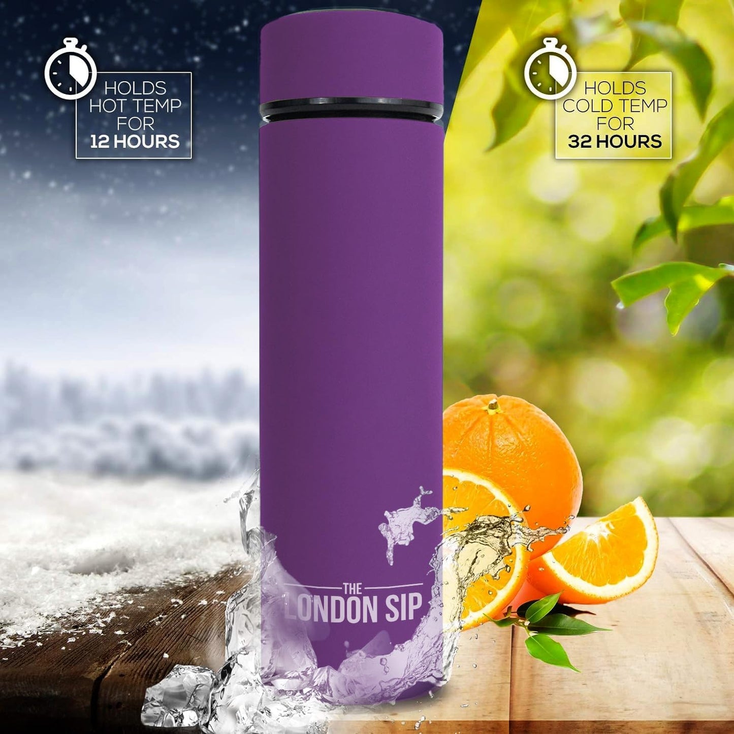 London Sip Multi-Purpose Travel Mug and Tumbler Fruit Infused Flask Hot and Cold Double Wall Stainless Steel Thermos with Extra-Long Infuser, Purple