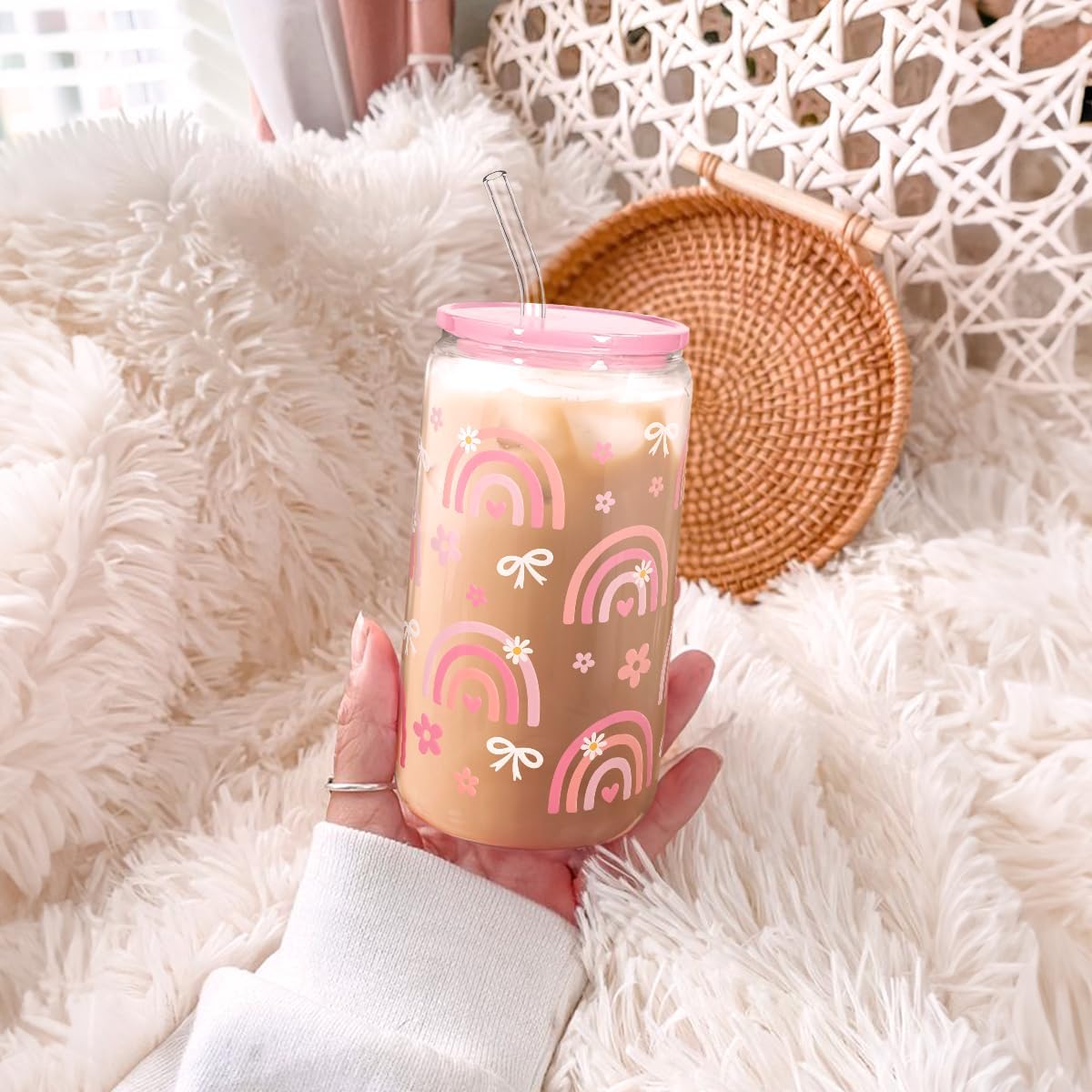 Rainbow 16oz Can Glass Tumbler with Acrylic Lid & Straw, Iced Coffee Cup for Women Girls, Aesthetic Cups Gifts for Birthday Christmas