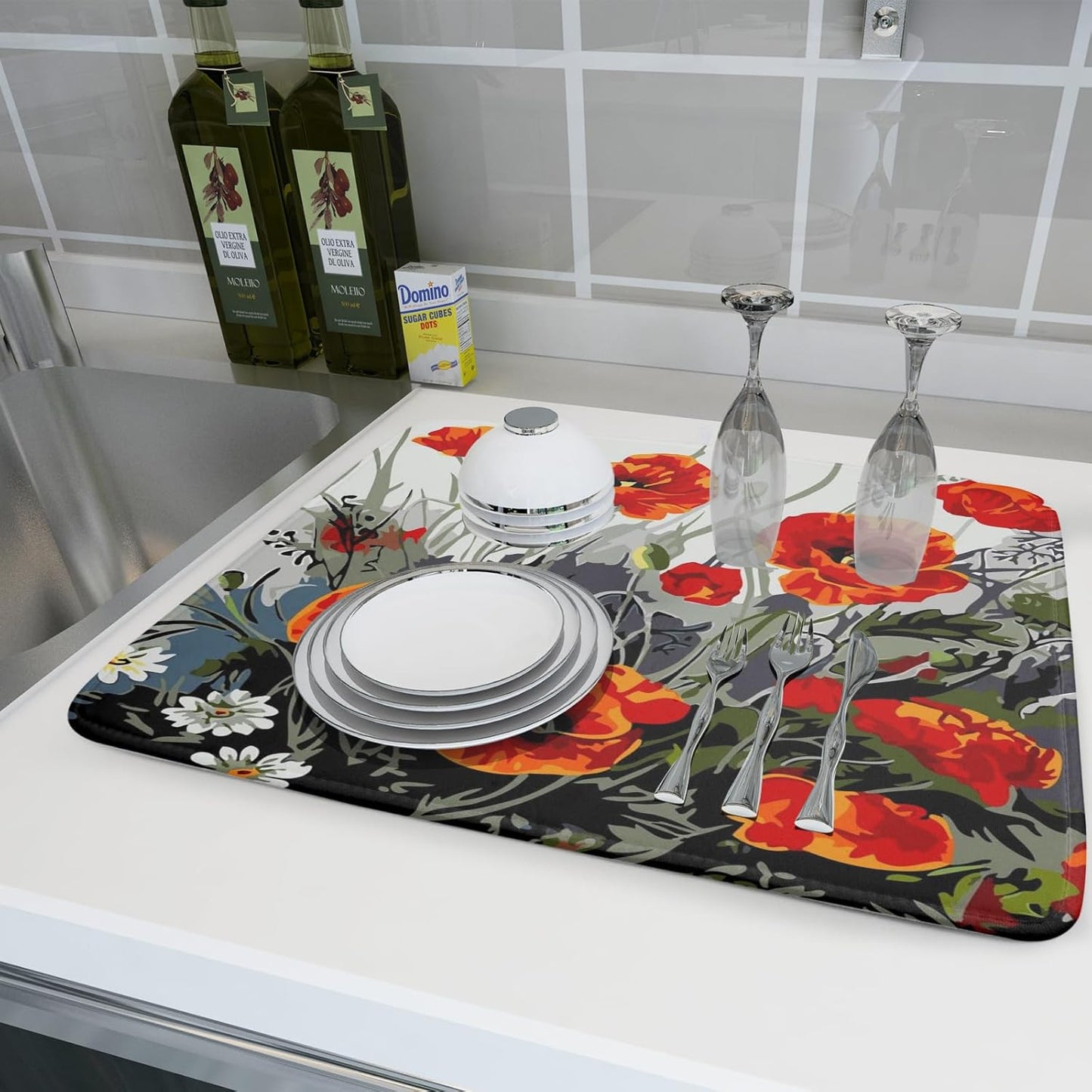Poppy Dish Drying Mat 18x24 inch for Kitchen Vintage Red Orange Floral Dish Drying Pad Oil Painting Flower Dish Drainer Mats Absorbent Microfiber Protector for Countertop Coffee Bar