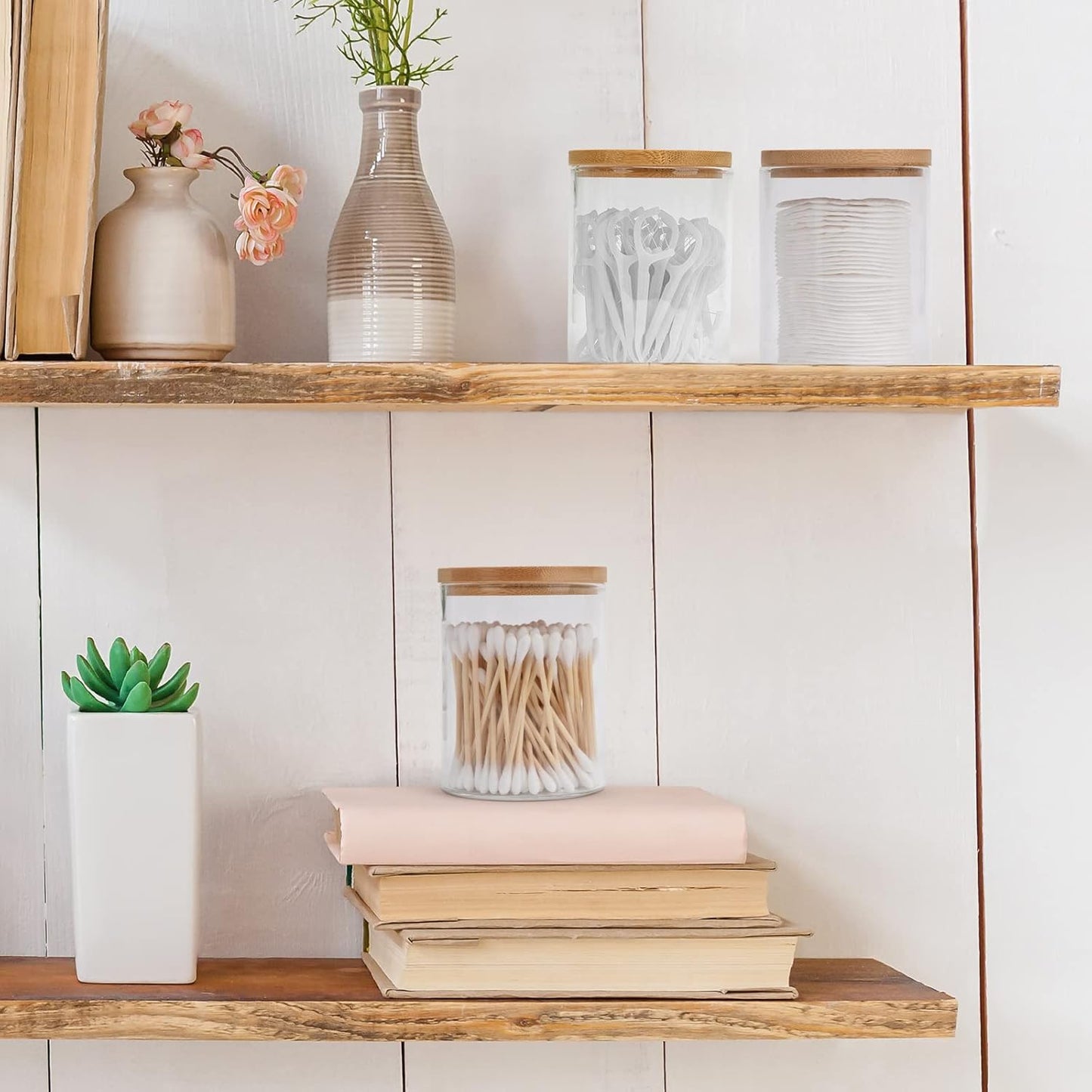 3 Pack Glass Qtip Holder Dispenser Set - Apothecary Jars with Lids for Vanity Makeup Organizer - Bathroom Canister Storage Organizer for Cotton Ball,Swab,Round Pads,Floss