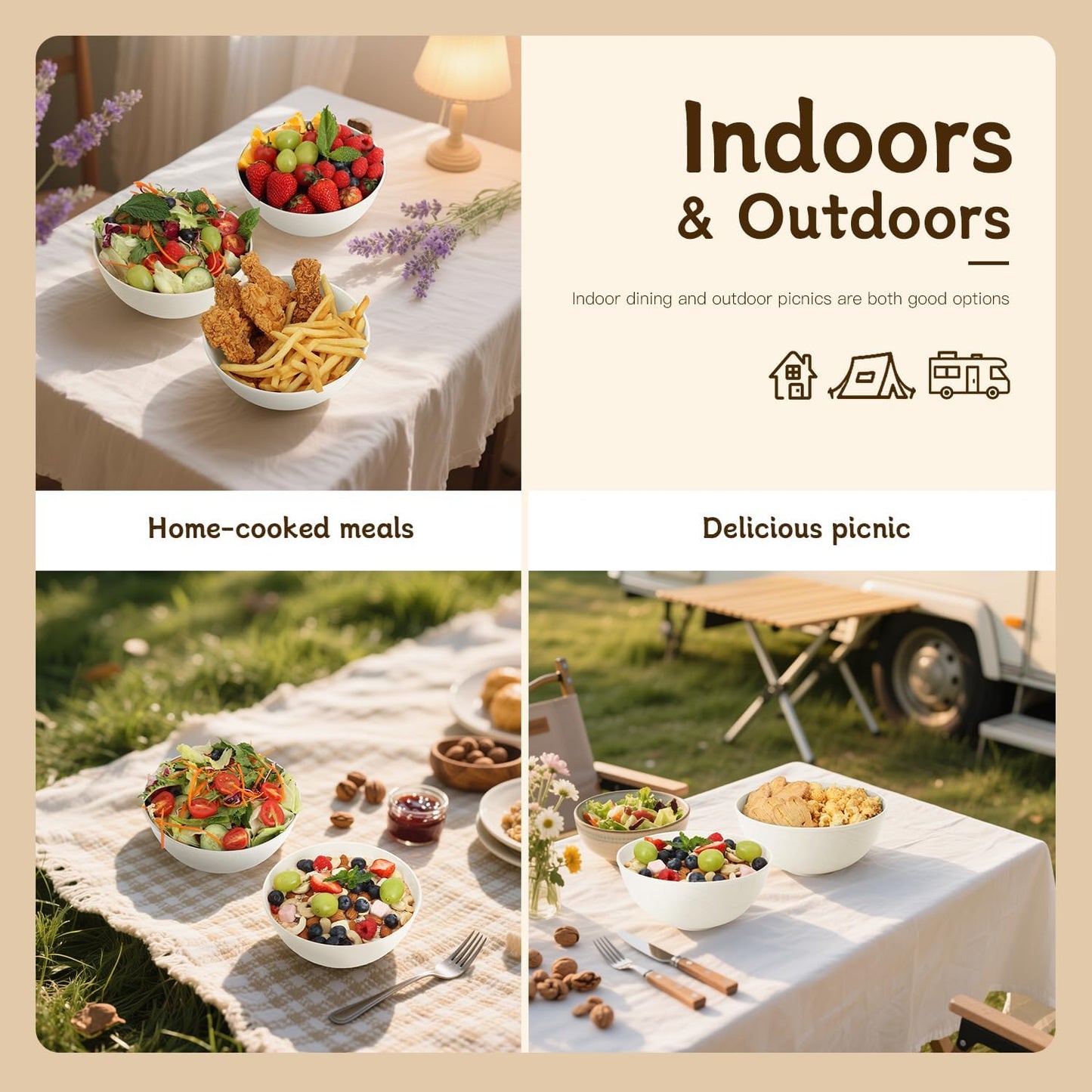 Beige Wheat Straw Bowls for Cereal and Salad,Alternative Plastic Bowls Set of 6,40oz Unbreakable Soup Bowls suitable for Kitchen,Party,Camping and R.V.