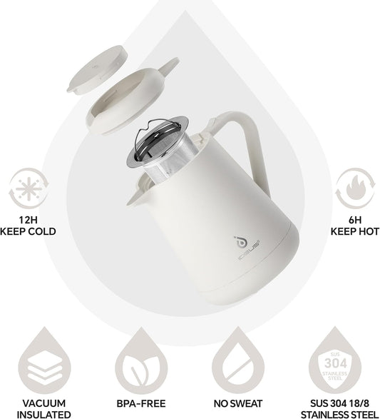 Ideus Insulated Pour Over Coffee Maker 20oz, Stainless Steel Coffee Pot Pour Over Set Camping Coffee Carafe BPA-Free with Dripper for Home, Office & Camping (White)