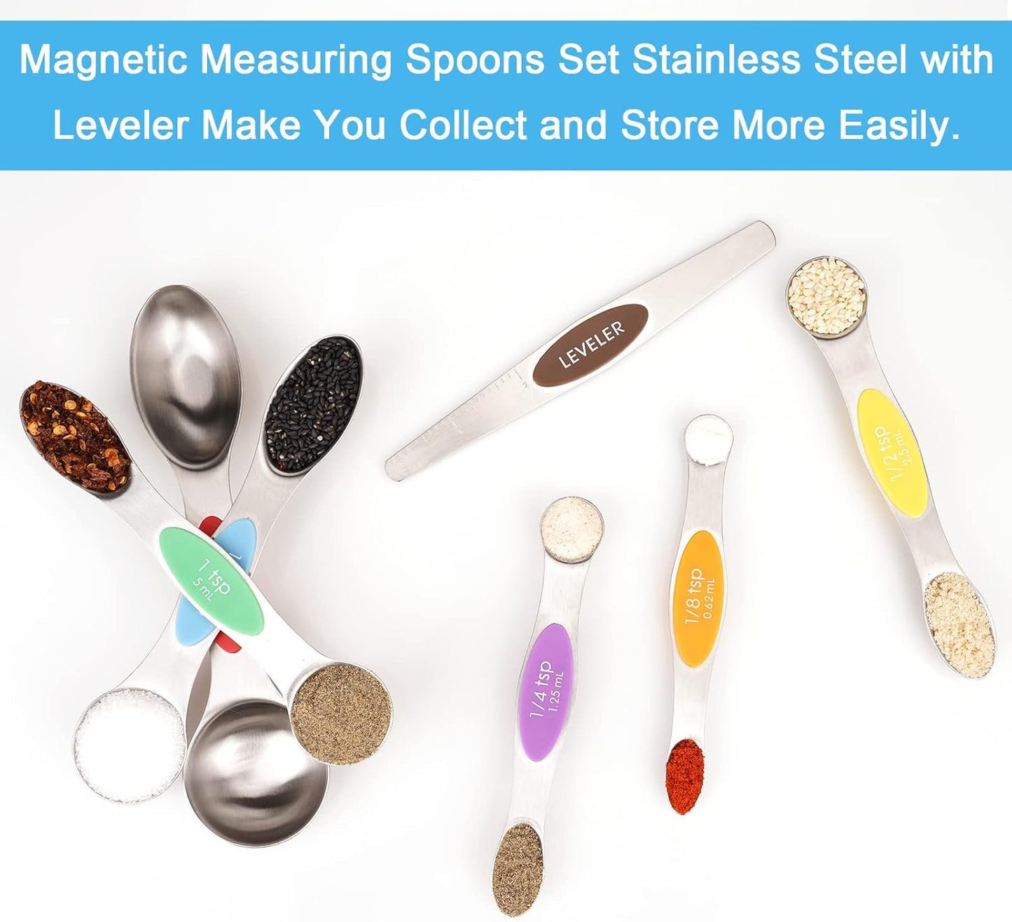 Aovchei 7 PCS Magnetic Measuring Spoons Set, Dual Sided, Stainless Steel Small Tablespoon, Teaspoons, Fits in Spice Jars, for Dry and Liquid, MultiColor