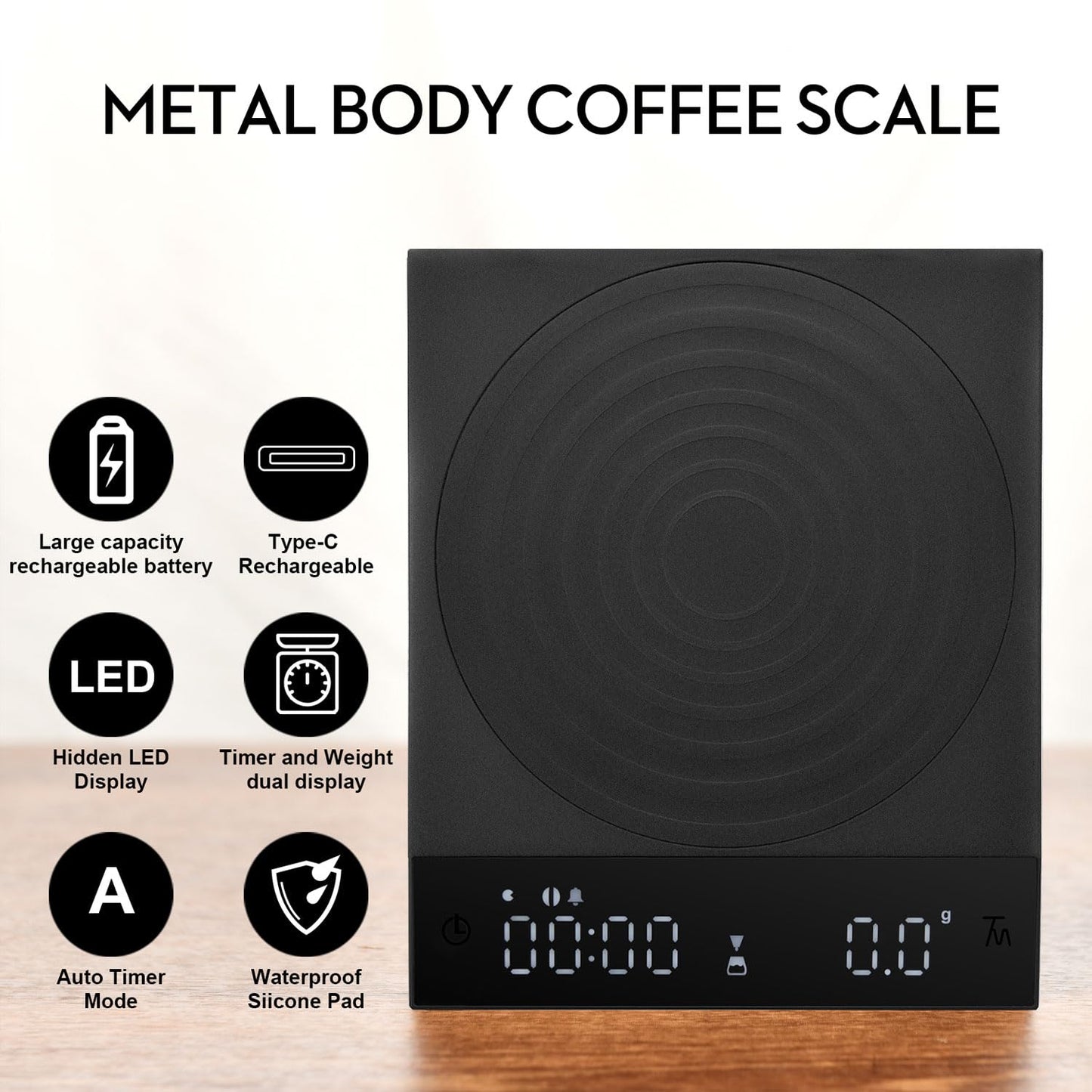 Rechargeable Mini Coffee Scale with Timer,FSJCOFFEE Espresso Scale Metal Body 2kg/0.1g Precision Coffee Scale, for Pour-Over Coffee,Portable Digital Kitchen Scale, Food Scale with Auto Timer (Black)