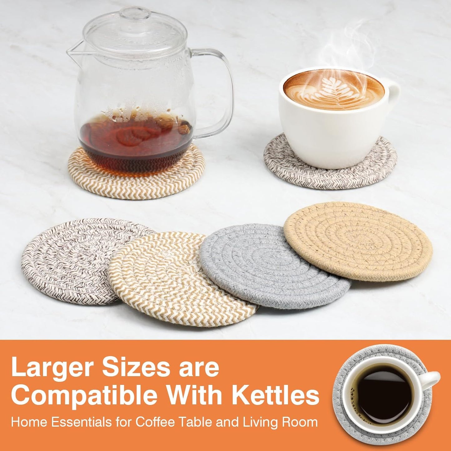 4.8" Khaki Cotton Coasters for Drinks Set of 2 – Absorbent Woven Drink Pads for Coffee & Tea, Boho Minimalist Cup Mats for Desk, Nightstand, Table, Giftable Neutral Coaster Set for Home or Office