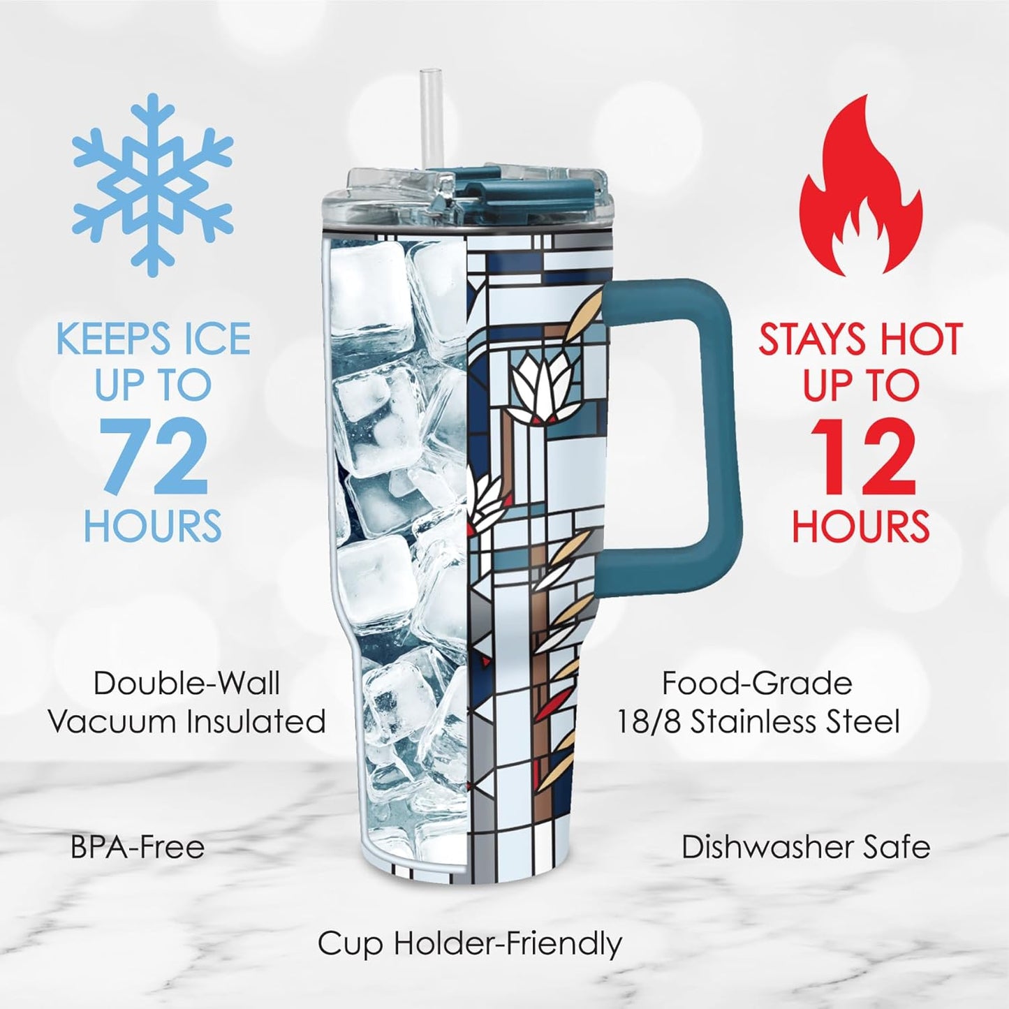 RainCaper 18/8 Stainless Steel Insulated Water Tumbler with Straw | 30oz, BPA-Free, Double Wall for Hot & Cold | Travel-Friendly, Cup Holder Ready (Frank Lloyd Wright Waterlilies)