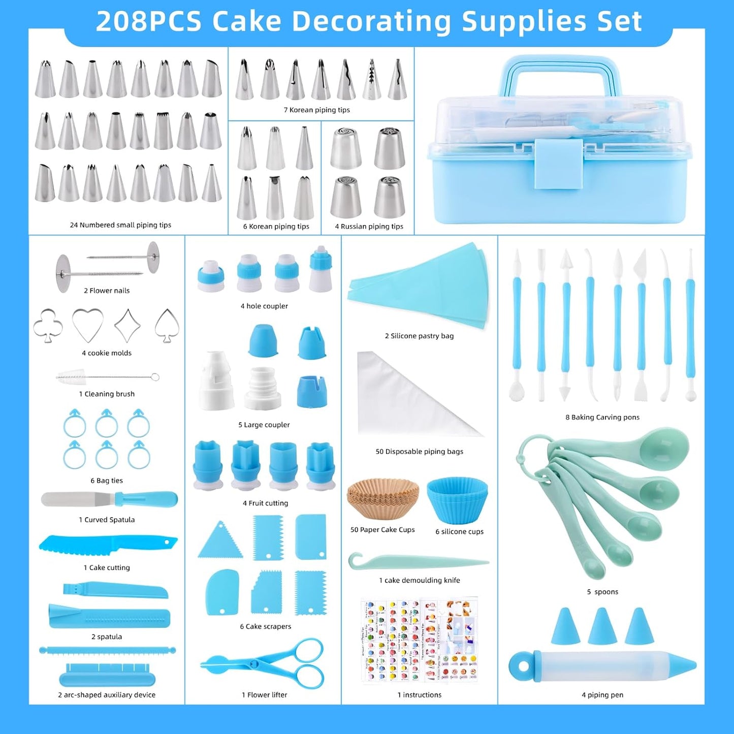 Cake Decorating Kit: Decorating Supplies Tools Kit 208 PCS Baking Accessories Include Spiping Bags and Tips Set, Piping Tips Set, Spatulas, Cake Scraper, 50 Piping Bags, Blue