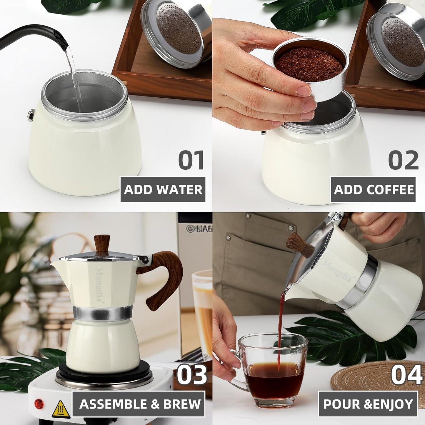 Mongdio Stovetop Espresso Maker Moka Pot, Cuban Coffee Maker Stove top coffee maker Moka Italian Espresso Greca Coffee Maker Brewer Percolator, 6 Espresso Cups, 10 oz - White