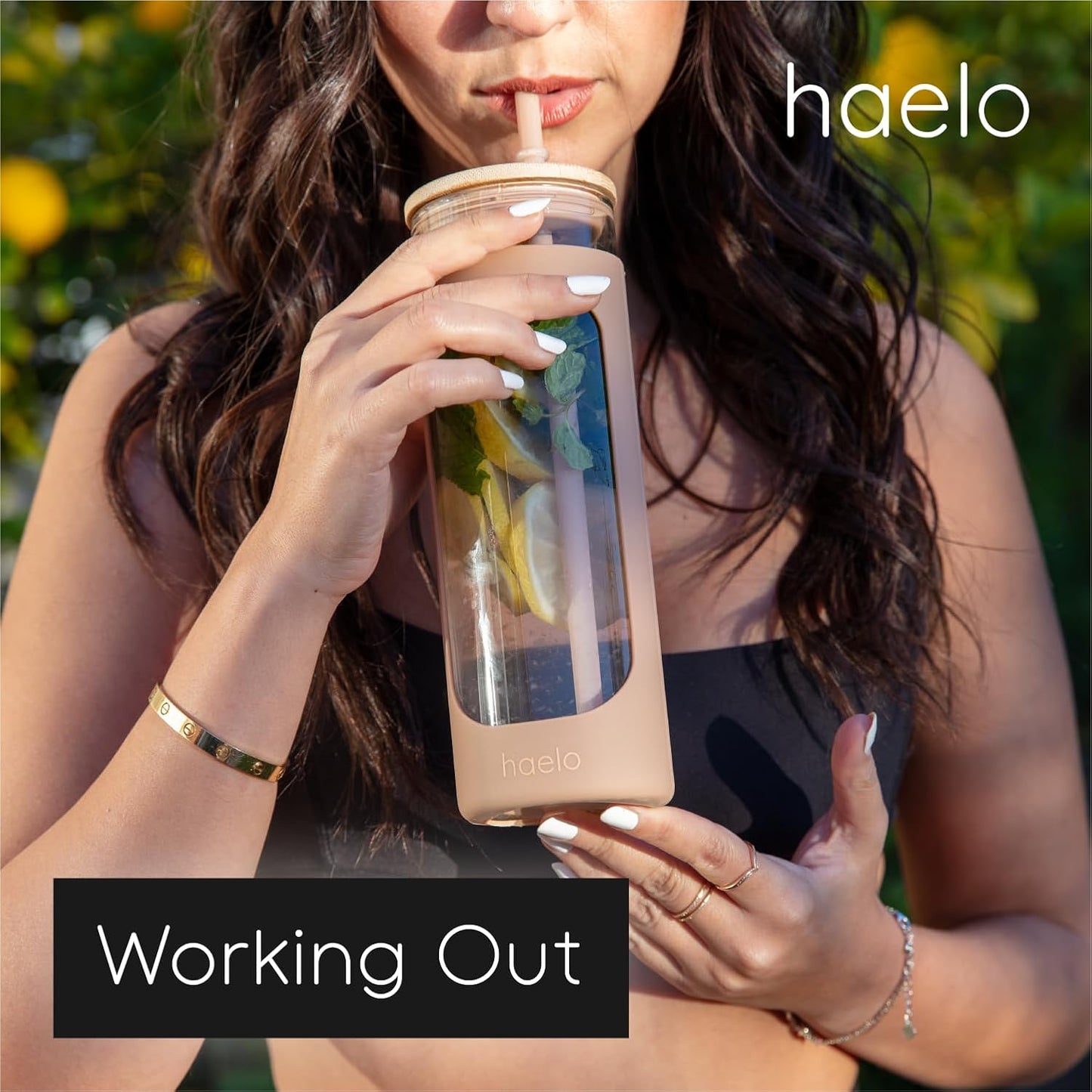 haelo 20oz Glass Tumbler Water Bottle, Iced Coffee Cup with Straw, Silicone Protective Sleeve, Bamboo Lid Reusable BPA Free (Black)