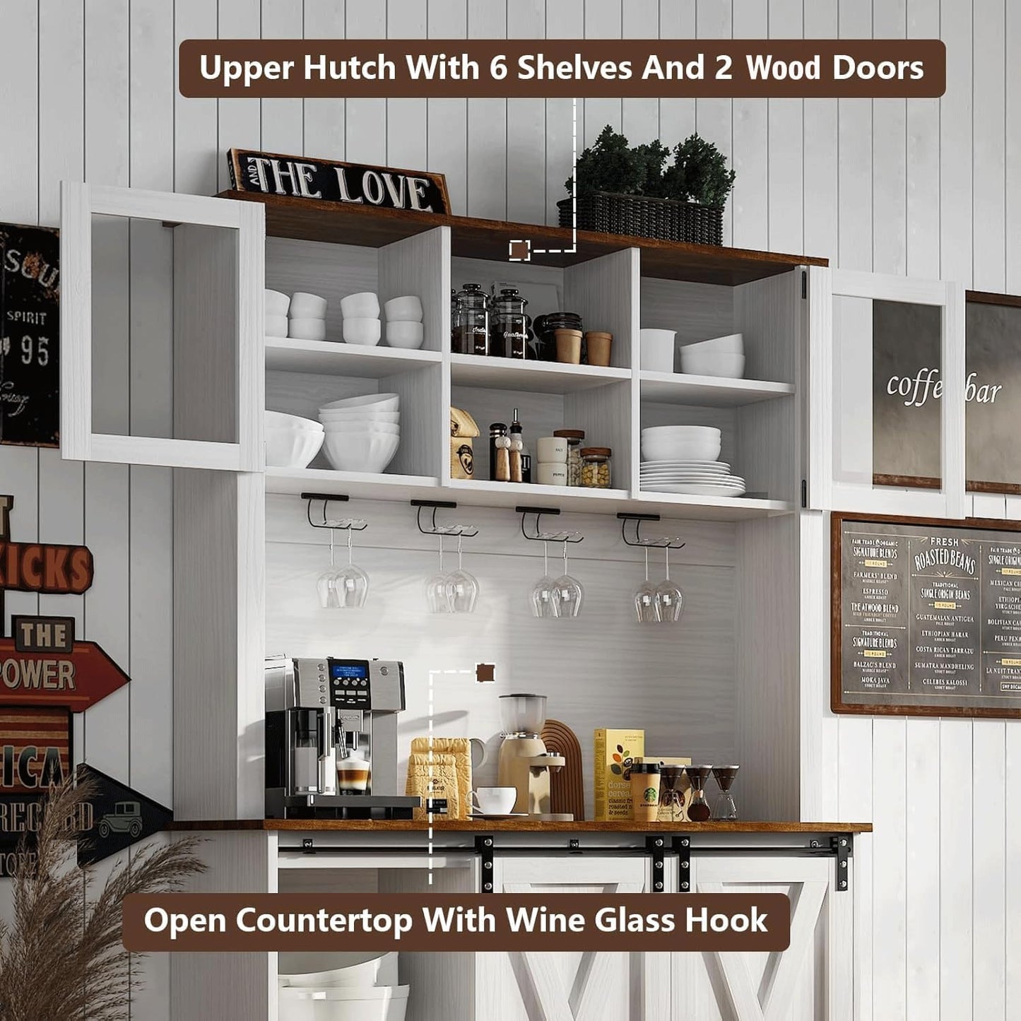 4ever2buy Farmhouse Coffee Bar Cabinet with Sliding Barn Doors, 72'' Hutch Cabinet with Storage, White Bar Cabinet with Glass Doors and Wine Rack, Tall Wine Bar for Living Dining Room