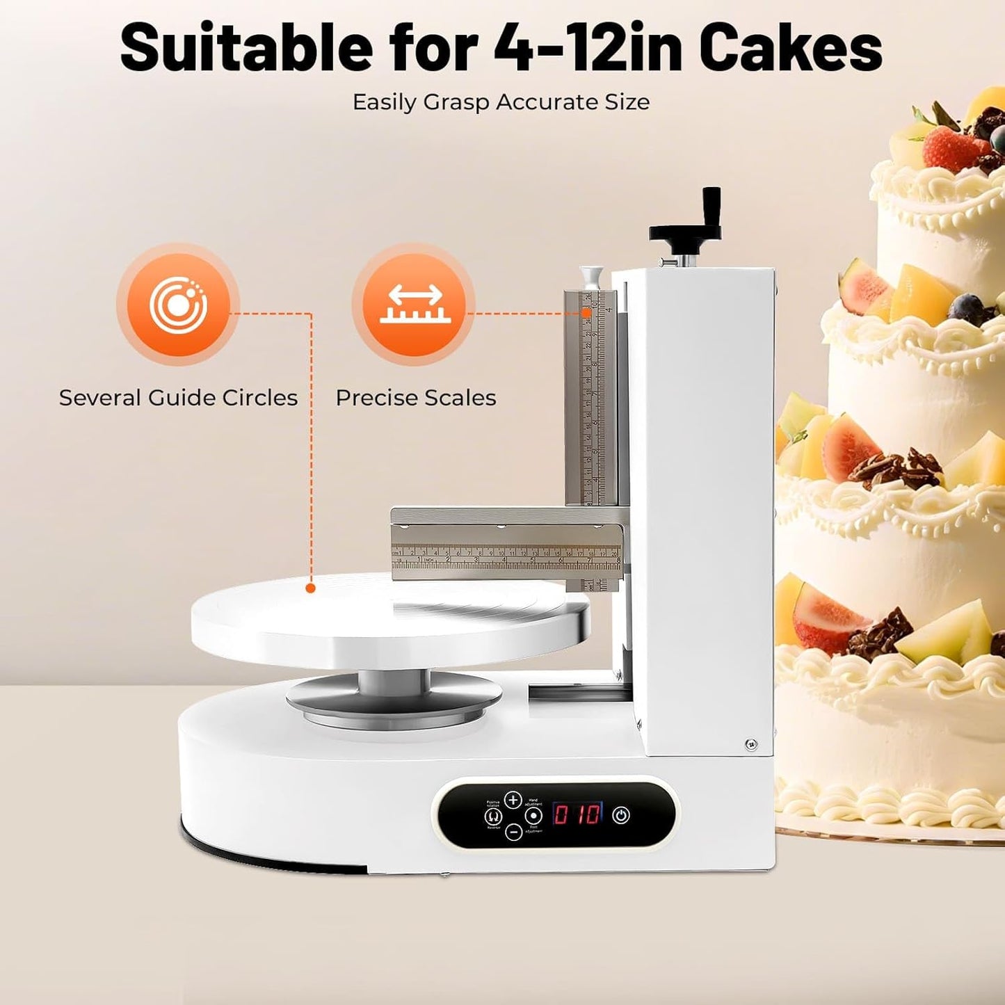 Birthday Cake Cream Smooth Coating Decoration Machine 110-220V, Cake Cream Spreading Machine Applicable 4-12in Cake, 60-320rpm Adjustable Cake Decorating Machine for Cake Shops, Dessert Shops (White)
