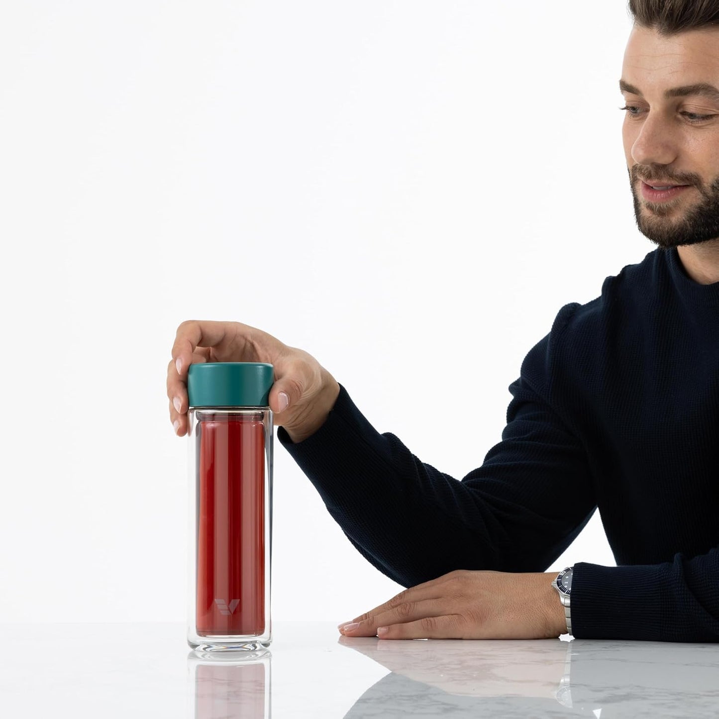 Glass Multi Tea Infuser Bottle 14oz - Double Wall Borosilicate Glass Flask | No Plastic Touches Contents | Perfect for Office or Home - Dark Green