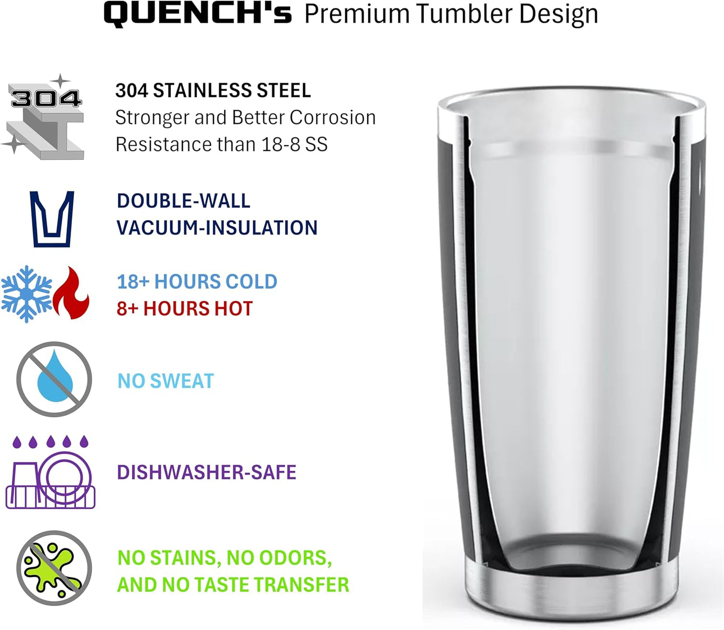 QUENCH Stainless Steel Tumbler 20oz, Double Wall Vacuum Insulated Powder Coated, USA, Indigo Blue, with MagnaLock Lid, Insulated USA Travel Coffee Mug Cup Tumbler, QU0001-BL1