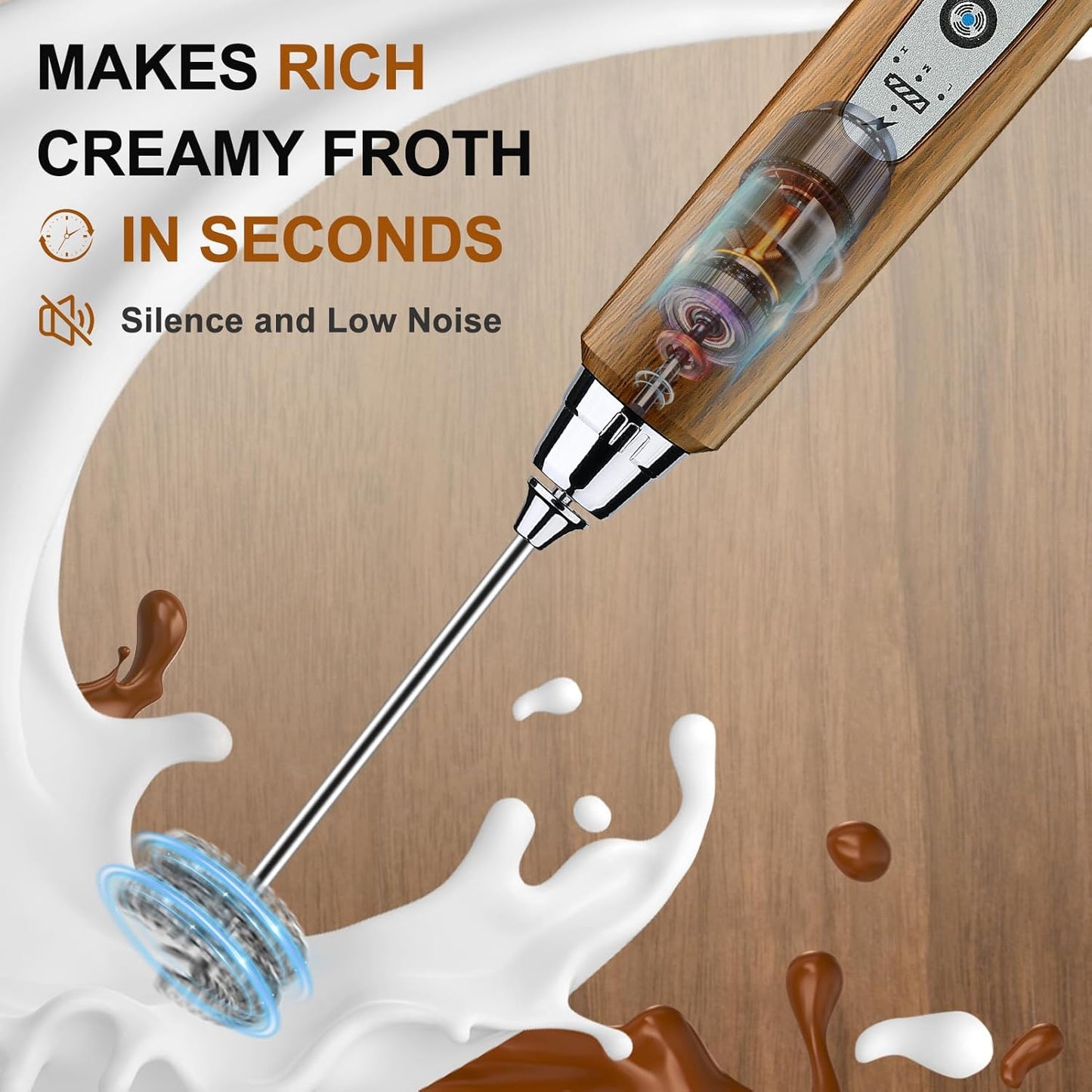 YUSWKO Wood Grain Handheld Milk Frother Wand for Coffee, Rechargeable Electric Whisk with 3 Heads 3 Speeds Drink Mixer Coffee Frother For Latte, Cappuccino, Hot Chocolate, Egg