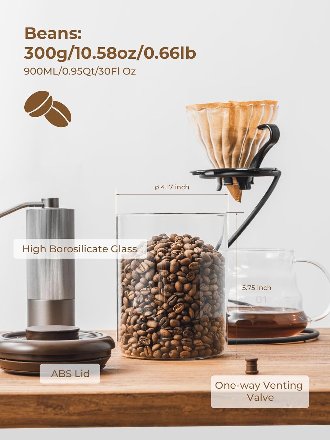 Glass Coffee Container - 900ml x 2 Pop Top Coffee Storage Airtight Canister, Large Ground Coffee Containers Coffee Jars with Lids 300g Brown