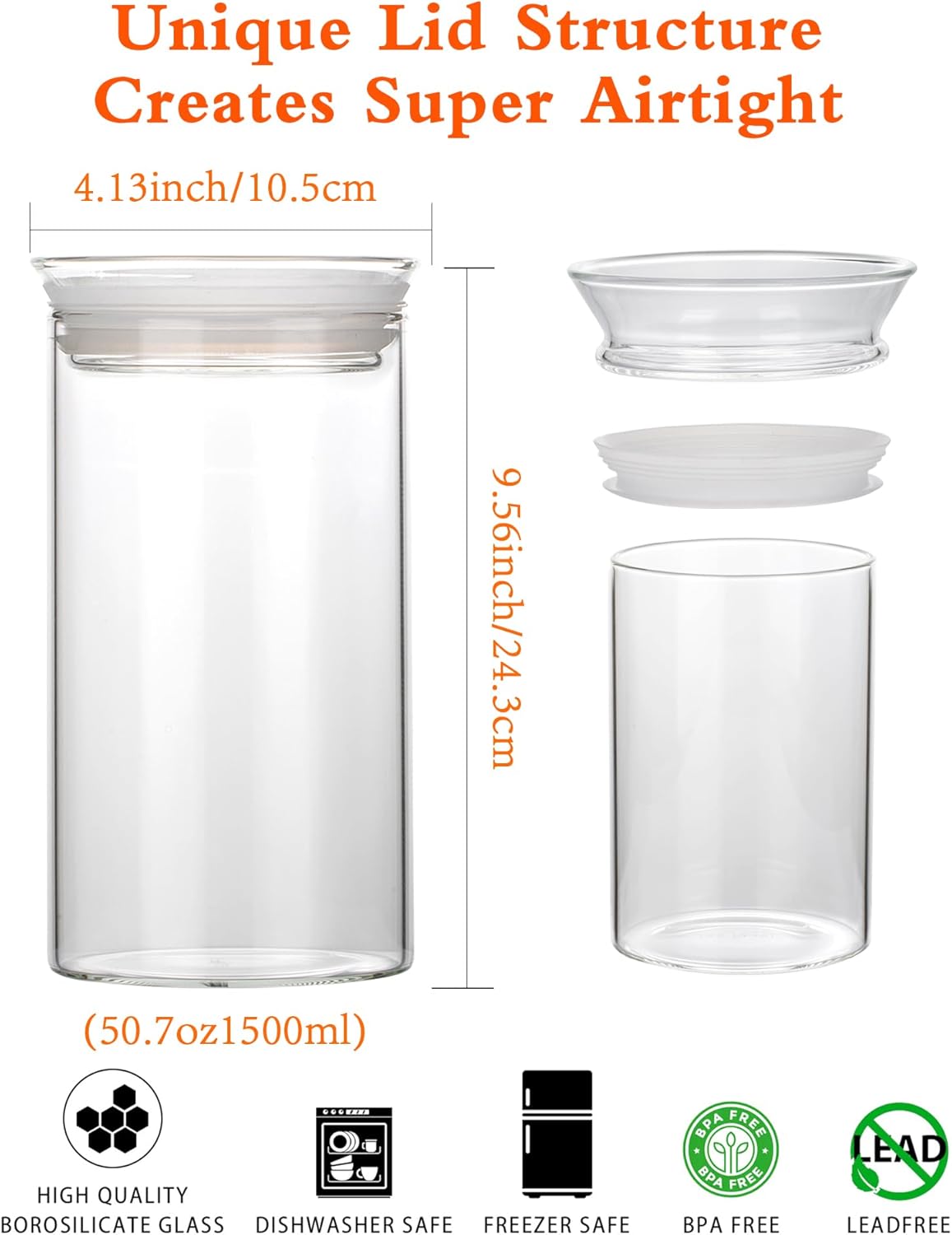 ZENS Modern Glass Food Storage Jars Set of 2, 50oz Clear Glass Canisters with Airtight Lids, Large Container for Kitchen Pantry Pasta, Sugar, Flour, Coffee, Pasta, Tea