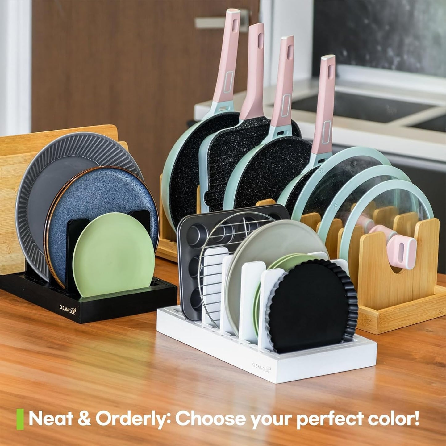 Bamboo Expandable Bakeware and Cutting Board Organizer, Adjustable Pot Lids Holder Rack, Cookie Sheet Baking Pan, Tray Organizer for Kitchen Storage (Black)