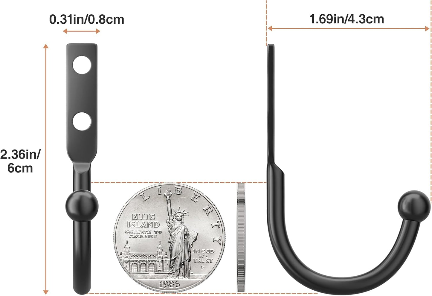 6 Pack Wall Hooks,Metal Hooks Hold up to 45 Lbs,Hooks Wall Mount for Hanging Towel/Coat/Bag/Keys/Cups,Ideal for Bathroom,Outdoor,Closet,Kitchen,Garage,Black