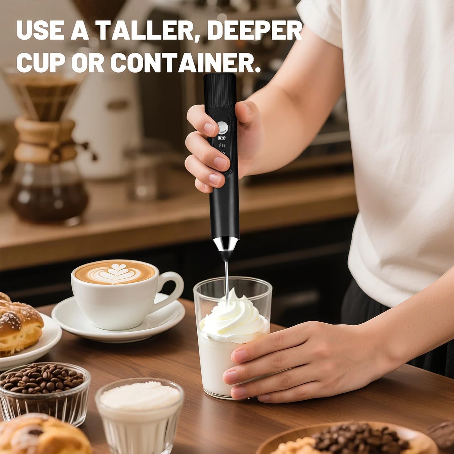 BEoffer Milk Frother Handheld Rechargeable 2000mAH Power Frother Wand Electric Foam Maker with 2 Stainless Whisks 3 Speeds Drink Mixer Coffee Frother for Latte, Cappuccino, Matcha, Hot Chocolate, Egg