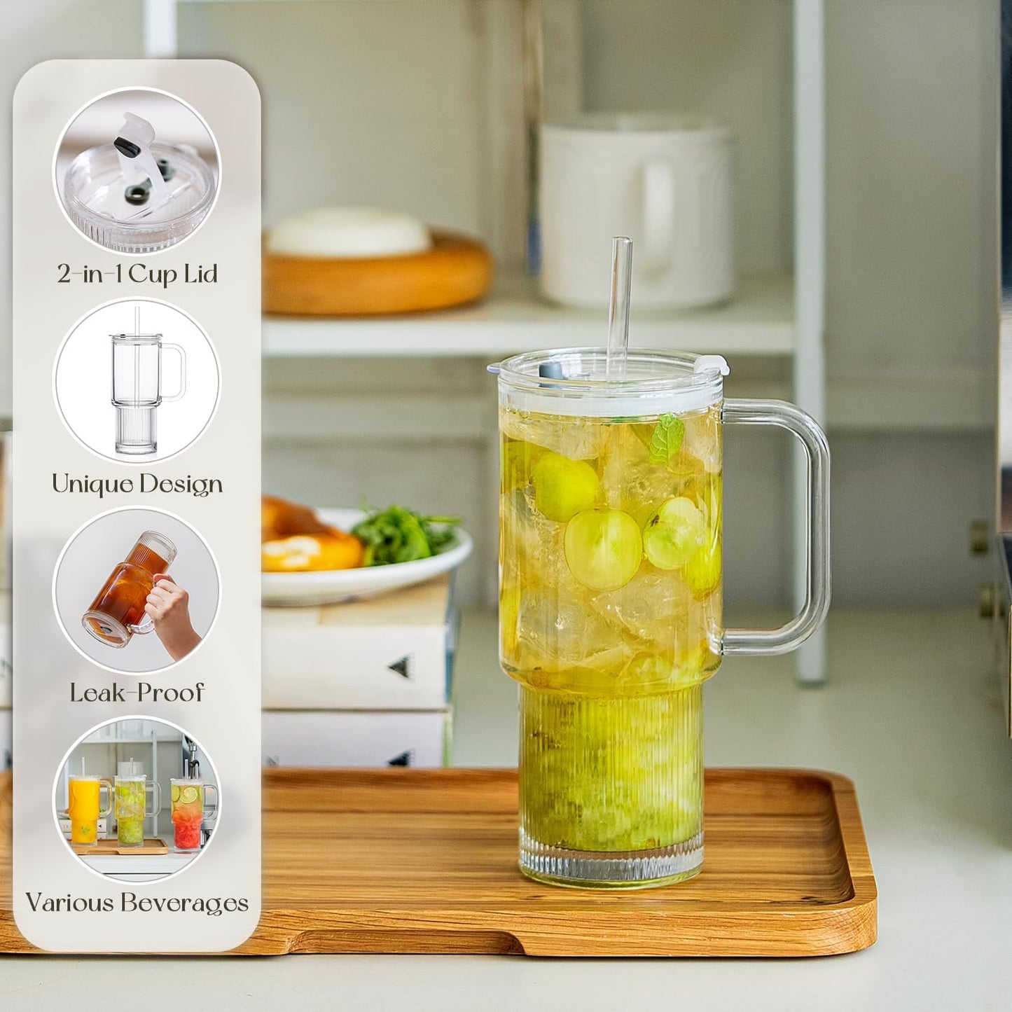 KEMORELA 26oz Ribbed Glass Mug with Handle and Lid – Large Clear Tumbler for Iced Coffee, Tea, Smoothies & Hot Drinks, Reusable Glass Cup with Straw, Dishwasher Safe, Travel Friendly