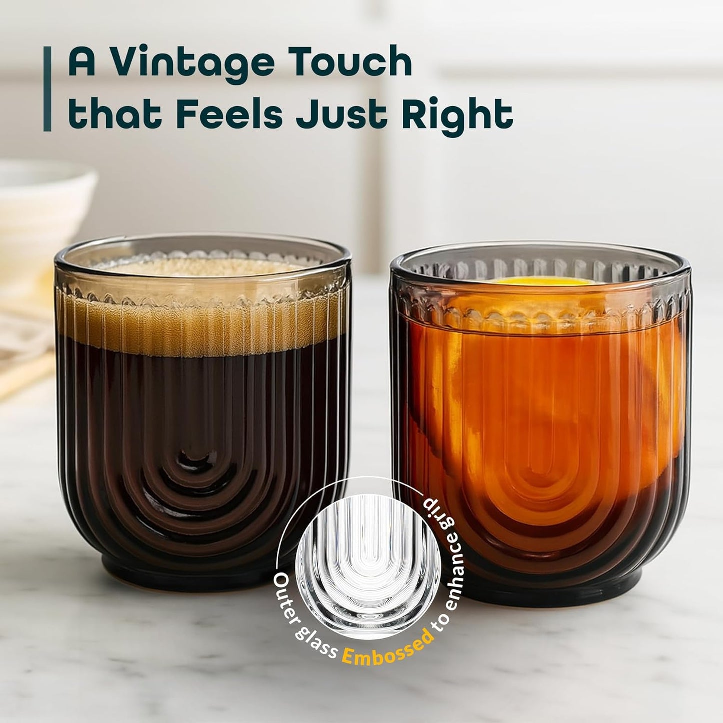 Glaver's Double Old Fashioned Rock Glasses, Set of 4 Smoke Black Whiskey Glasses, 11 oz Art Deco U-Shape Design Embossed Everyday Home Bar Glassware. Art Deco Elegant Kitchen Drinking Glasses.