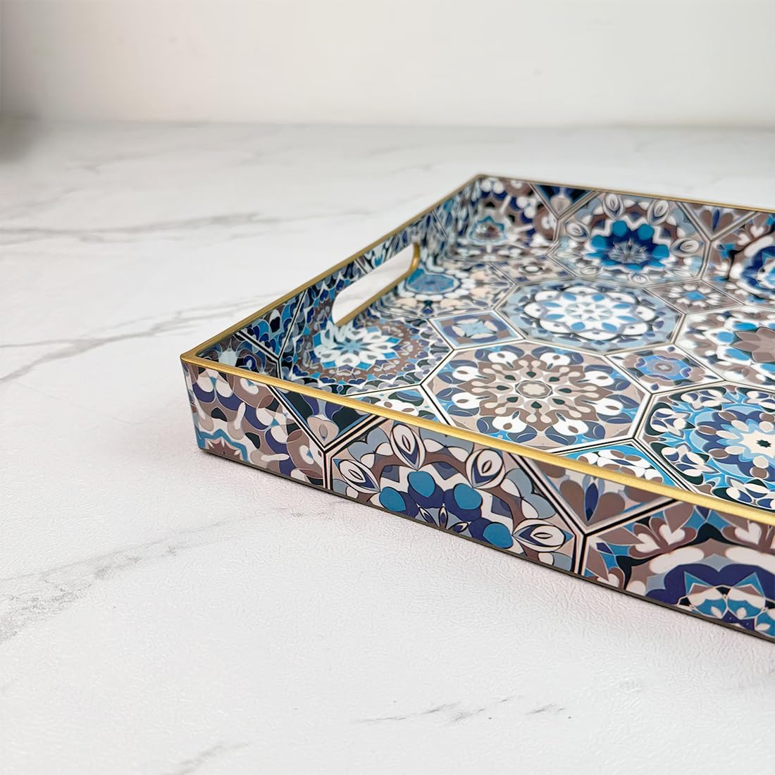 Boho Coffee Table Tray, Decorative Serving Tray with Handles, Large Tray for Ottoman,Coffee Table,Living Room Modern, Blue,