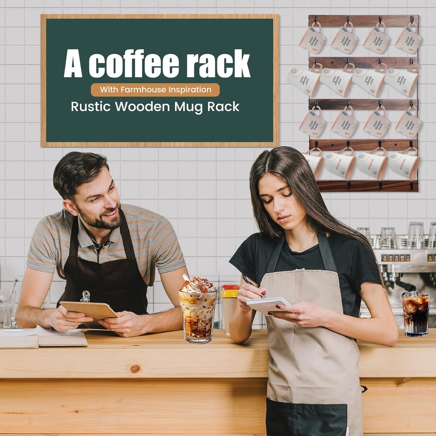 Wall Mounted Coffee Mug Holder, Large 5 Tier Shelf with 20 Hooks for Cups, Rustic Wooden Display Rack for Kitchens, Homes and Bars (Walnut)