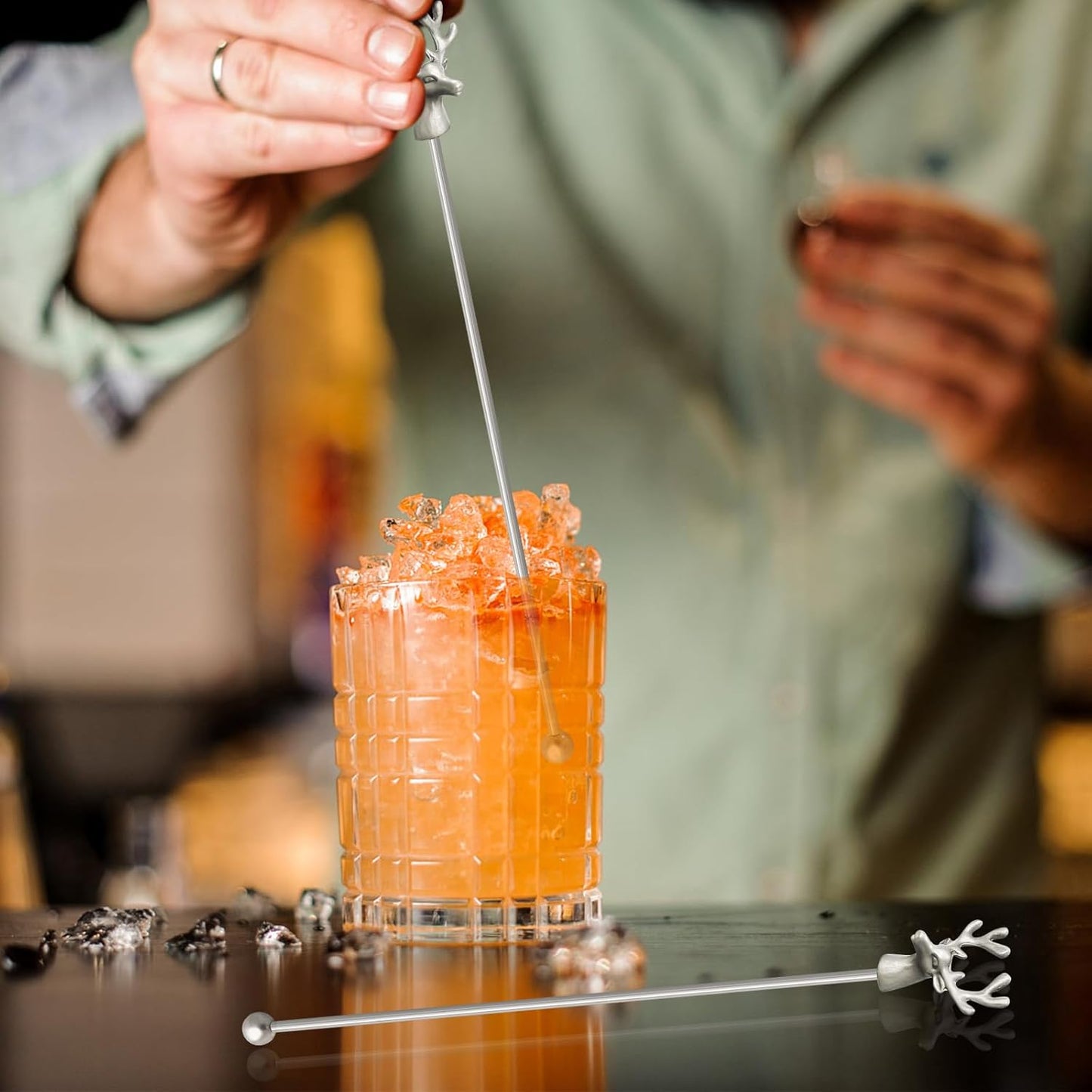 Swizzle Sticks,5 Pcs Stainless Steel Reusable Deer Head Shape Cocktail Stirrer Coffee Beverage Stir Sticks for Cocktail, Whiskey, Hot Cocoa, Creamer (Ancient Silver)