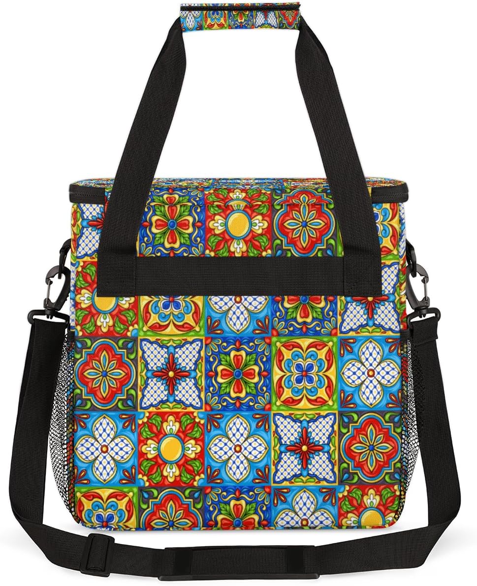 Ethnic Mexican Colorful Flowers Plaid Coffee Maker Carrying Bag, Coffee Machine Travel Storage Tote Bag Compatible with K-Mini or K-Mini Plus, Portable Single Serve Coffee Brewer Case with Pockets