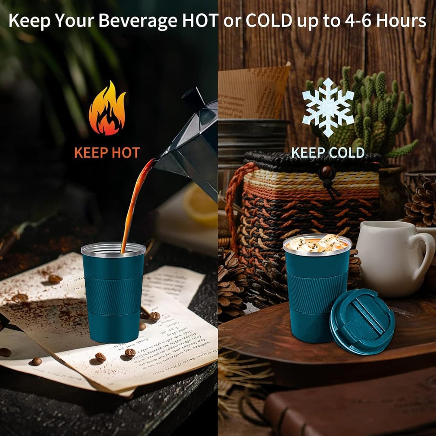 YINBAOGE Insulated Travel Coffee Mug Spill Proof Leak Proof Pobtable To Go Camping Stainless Steel Coffee Tumbler Reusable Coffee Cups with Lids Thermos for Hot and Cold Drink (Blue, 17 OZ)