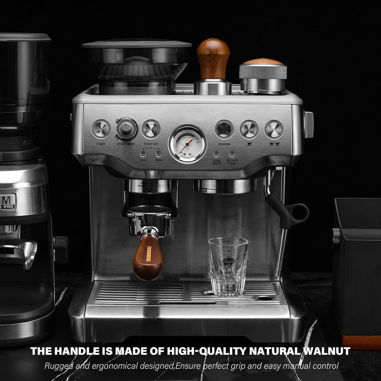 Espresso Portafilter | 54mm Bottomless Portafilter with 3 Ear and Walnut Handle | Fits 54mm Breville Bambino/Barista/Infuser BES450, BES500, BES880, BES810BSS, BES860XL, BES870XL, BES878