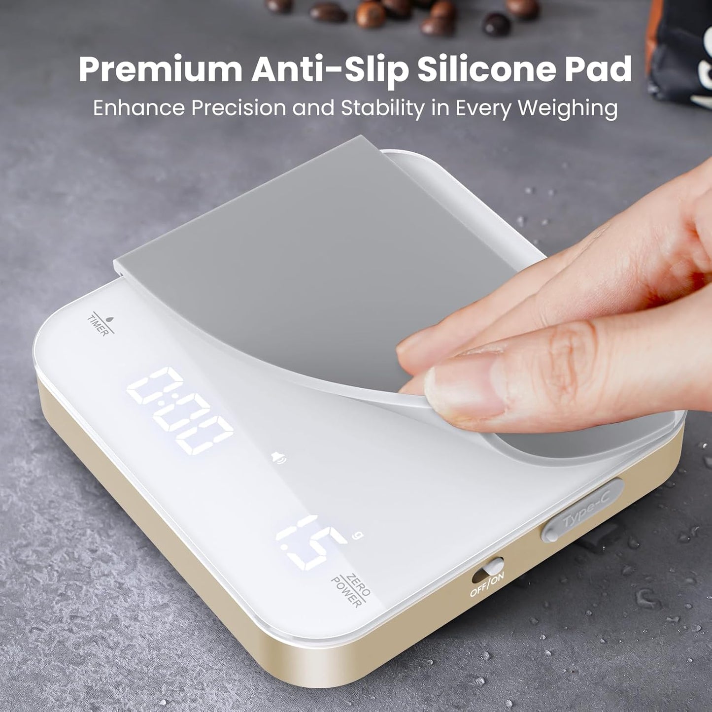 Rechargeable Mini Coffee Scale with Timer, Maestri House Espresso Scale, 2kg/0.1g Accurate Scale for Espresso and Pour-Over Coffee, Portable Digital Kitchen Scale with Automatic Timing(White&Glod)