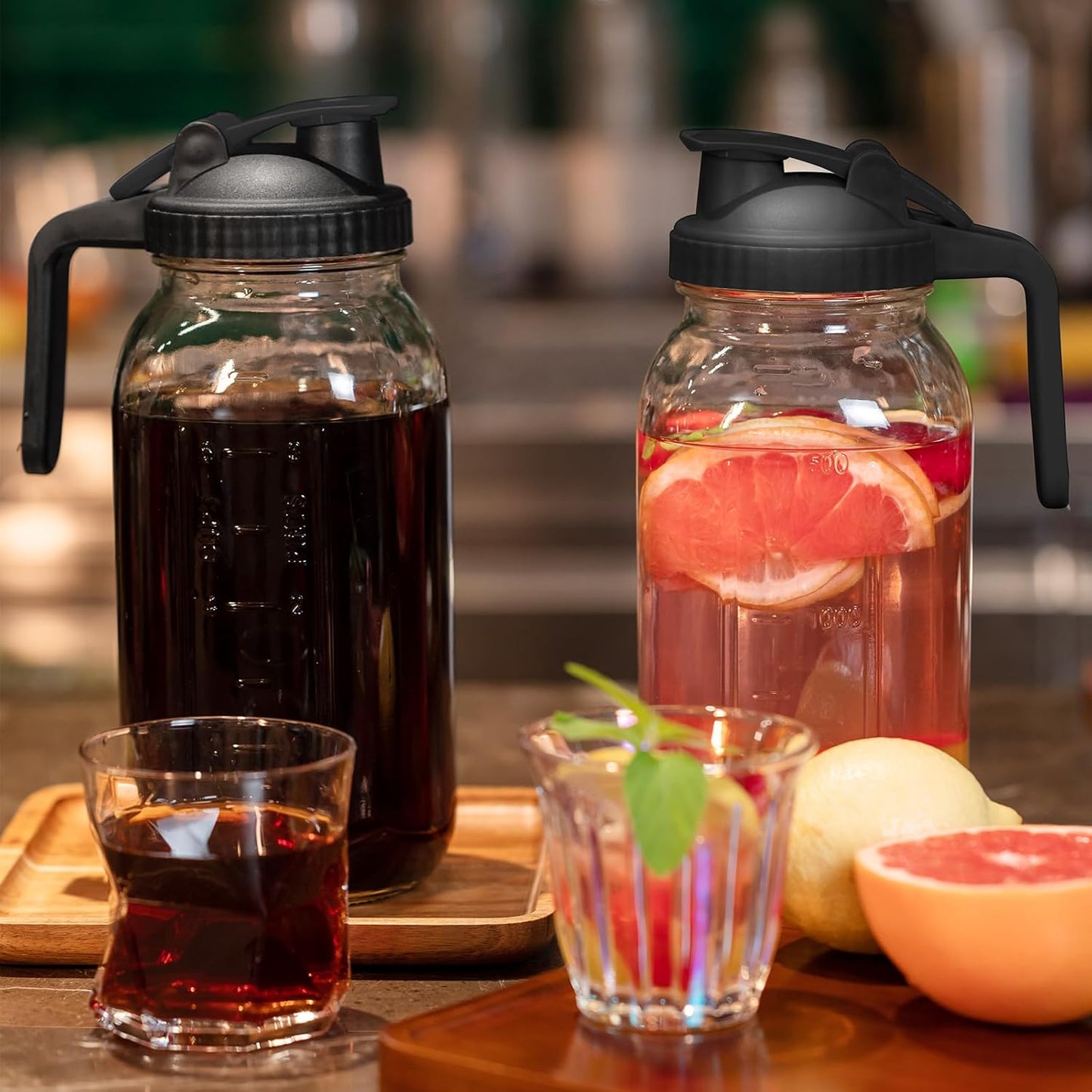 Glass Mason Jars Pitcher 64 Oz Pour Spout Lids & Handle (2 Pack) Wide Mouth Airtight Leak Proof Fridge Breast Milk Pitcher With Top Flip Cap 2 Quart Water Jug For Cold Brew Coffee, Iced Tea,