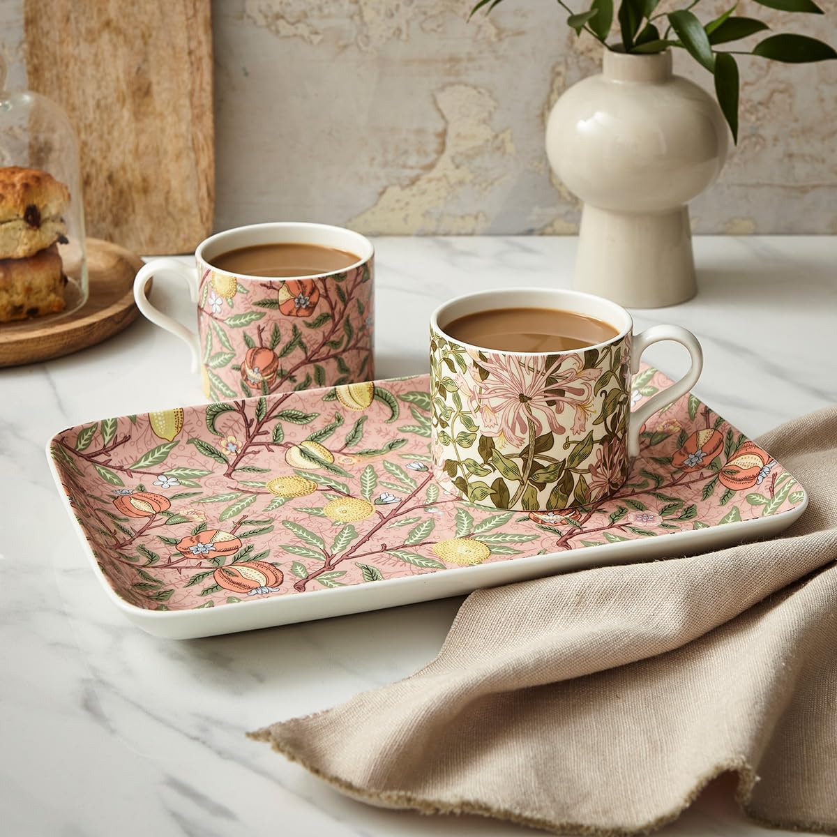 Spode Morris & Co Porcelain Mugs, Set of 2-12oz Microwave and Dishwasher Safe Tea & Coffee Cups for Kitchen Countertop or Home Brew Coffee Station, Great Gift for Mothers (Fruit & Honeysuckle)