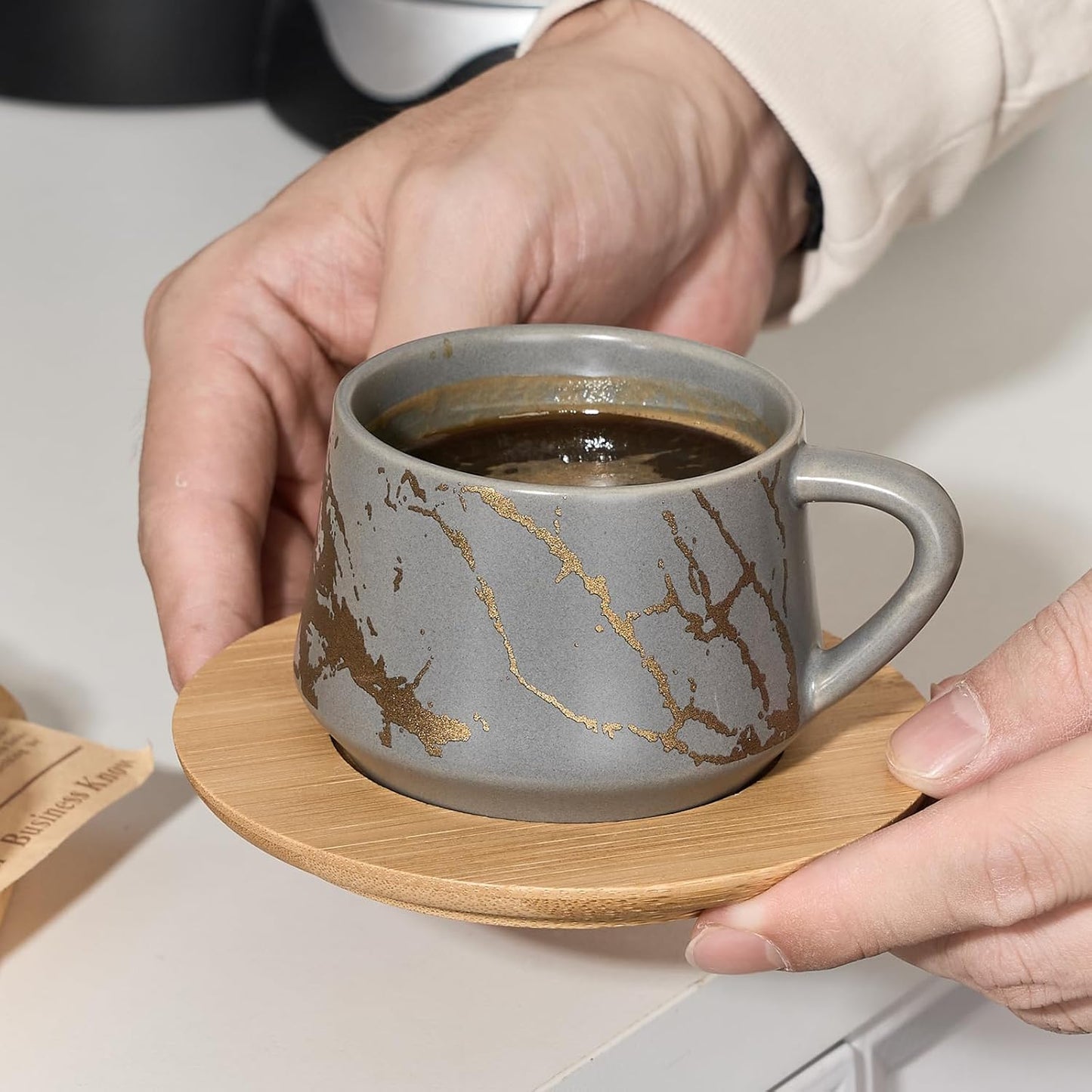 LUKA Ceramic Espresso Cups with Saucers and Metal Stand, Small 4 oz Porcelain Demitasse Cups Set of 6, Cute Cappuccino Coffee Cups for Double Espresso, Tea, Marbling Gray