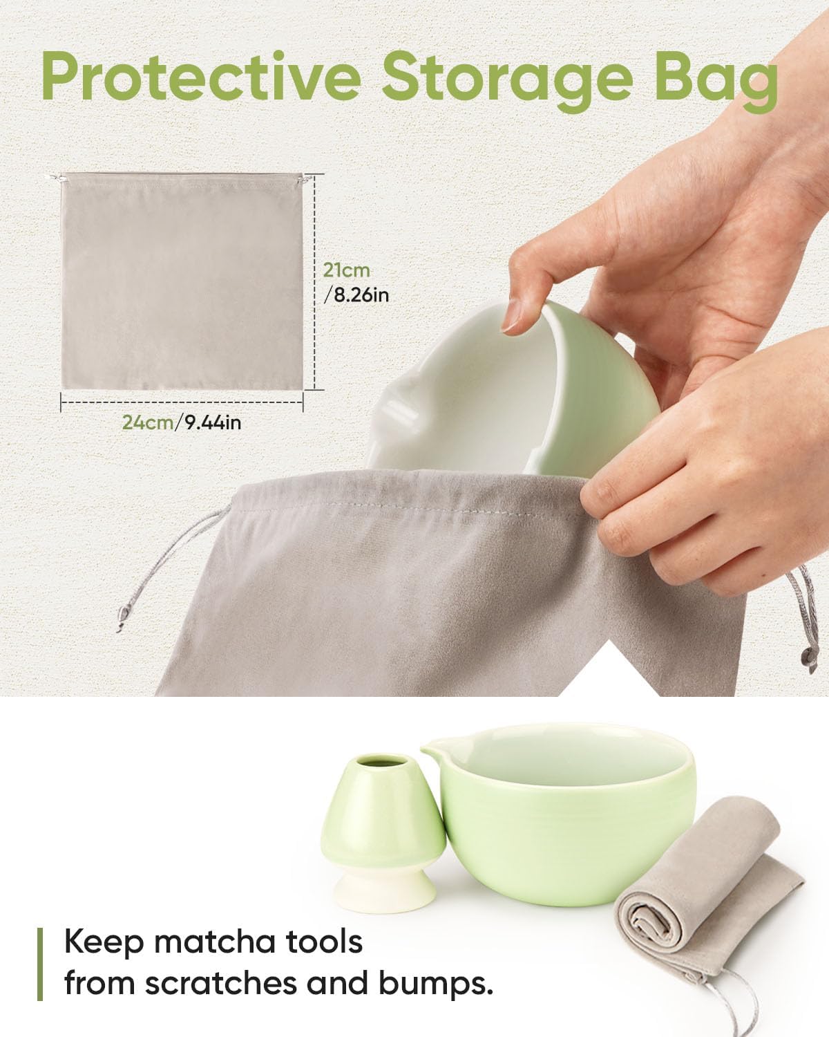 Matcha Bowl and Whisk Holder Set, Ceramic Tea Bowl and Whisk Stand, Matcha Tea Mixing Bowl with Spout (18 Ounce), Whisk Rest, Light Green