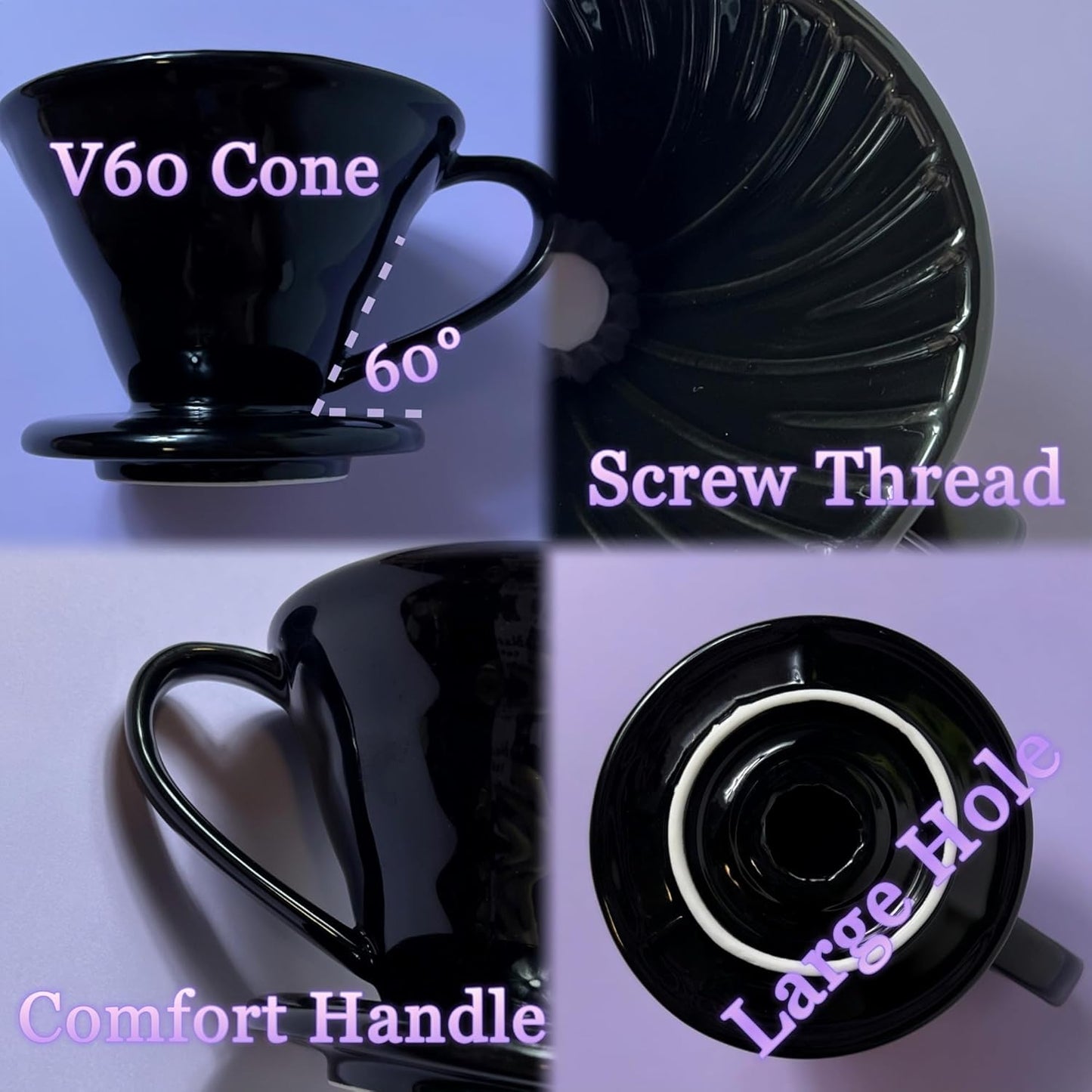 Pour Over Coffee Dripper - Ceramic Pour Over Coffee Maker Cone, Porcelain Coffee Drip, Pour Over Single Cup, Manual Brew Maker for Home, Cafe, Office - 1-4Cup, V60 Size 02 (Black)