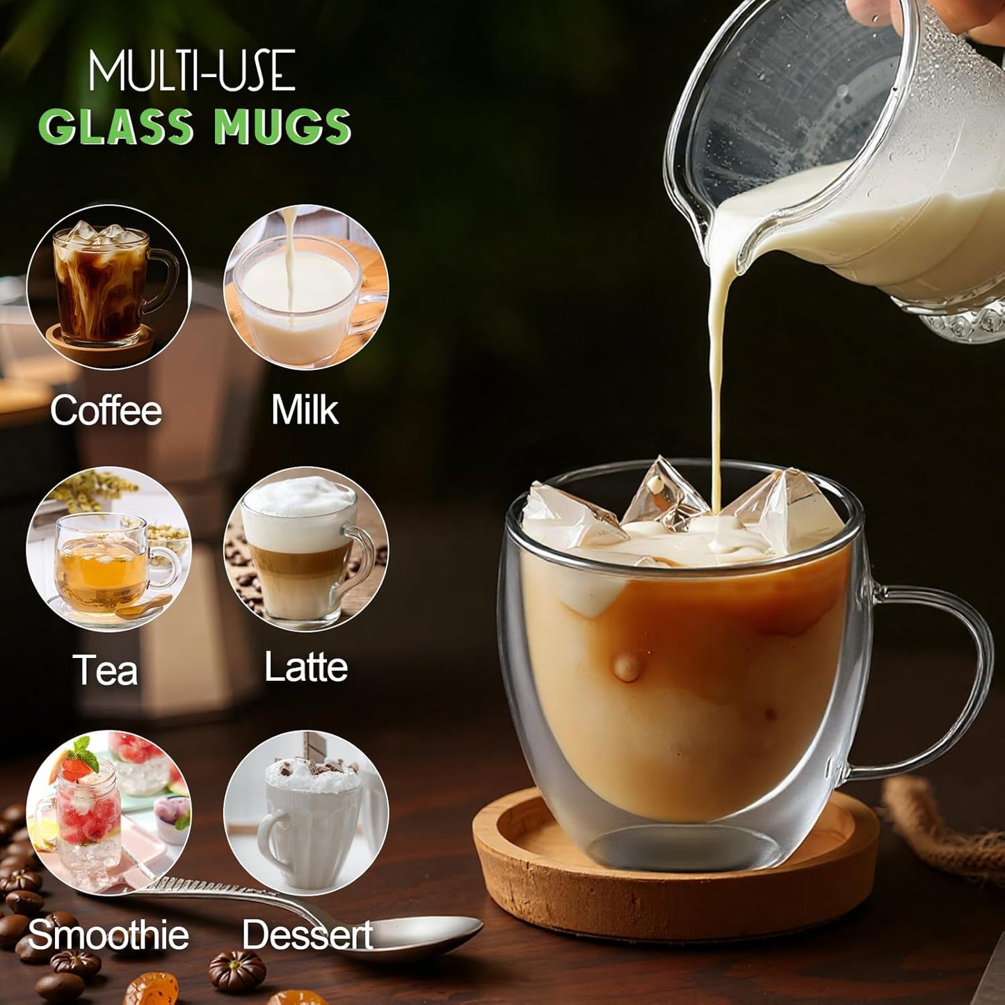 Glass Coffee Cups Set of 4, 8.5oz Double Walled Glass Mugs with Handles, Clear Insulated Coffee Mug Espresso Cups, Cappuccino Latte Tea Cups Set, Heat Resistant Borosilicate Clear Glasses