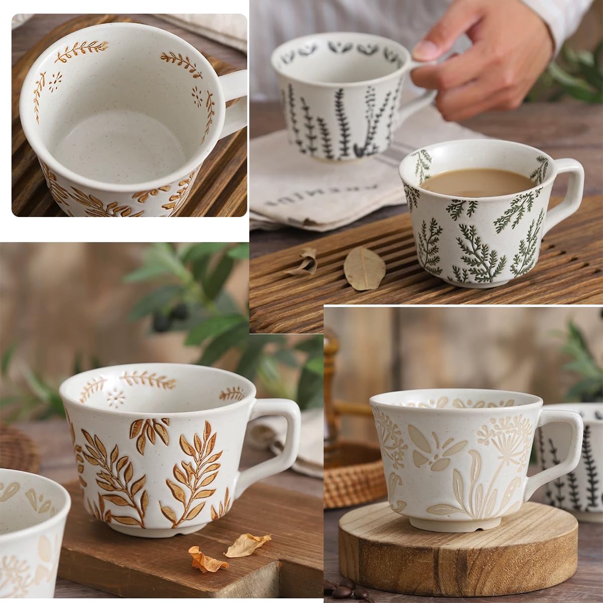 Ceramic Mug with Coffee Spoon Set of 1, 11oz - Vintage Cups Mug for Coffee Milk Latte Cappuccino Tea, Porcelain Cups Dishwasher Microwave Freezer Safe Stoneware 1 PCS Black Leaf Cup